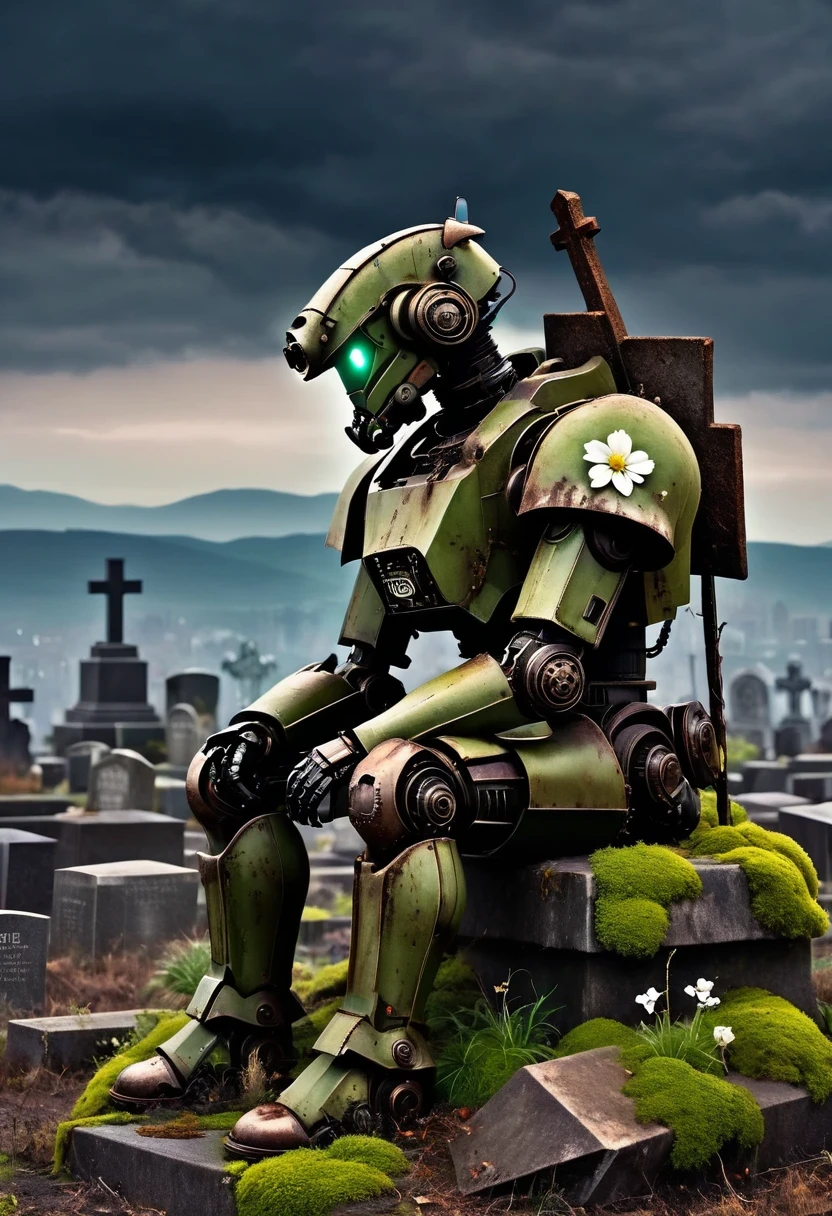 wasteland，The old mecha is sitting on the stone and thinking，thinker，hand on cheek，(sitting:1.2)，Rusty，Distant skyline，Gothic，moss，a small white flower，(cross:1.25)，cemetery，Gothic教堂，blood red moon，Gothic元素，wildfires，cold， gloomily，