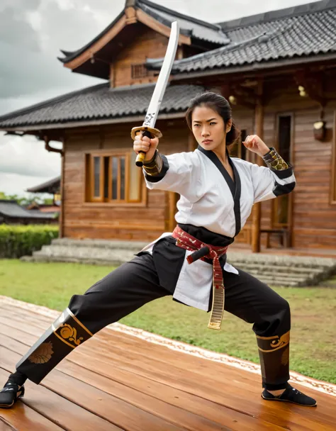 just like in reality, a beautiful Indonesian woman wearing karate clothes, is practicing self-defense by showing how to attack t...