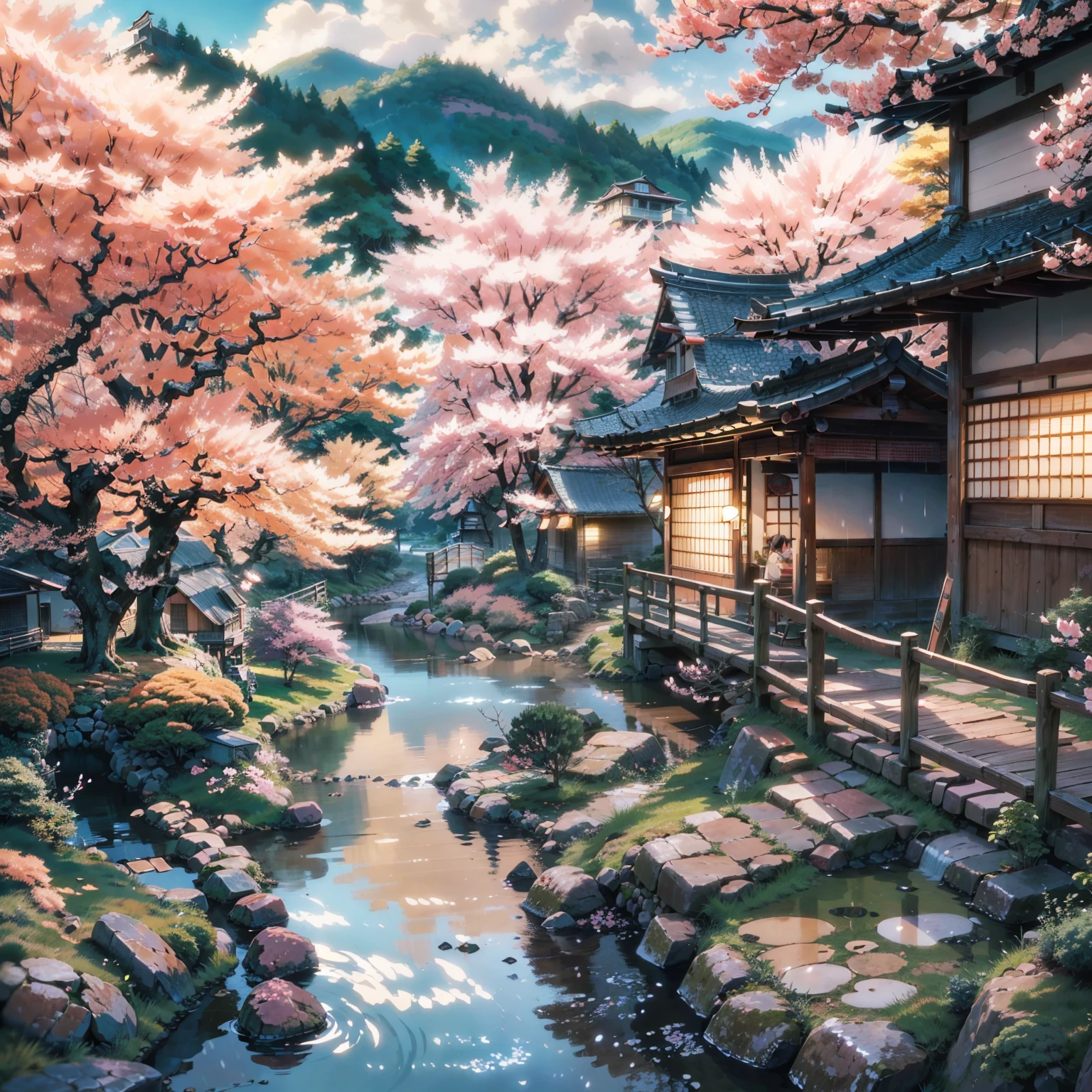 anime scenery of a japanese village with a stream and a house, anime background art. scenic background, scenery artwork, japanese art style, beautiful anime scenery, beautiful anime scene, anime scenery, anime scenery concept art, anime beautiful peace scene, traditional japanese concept art, cherry blossom rain everywhere, anime art wallpaper 4k, anime art wallpaper 4 k
