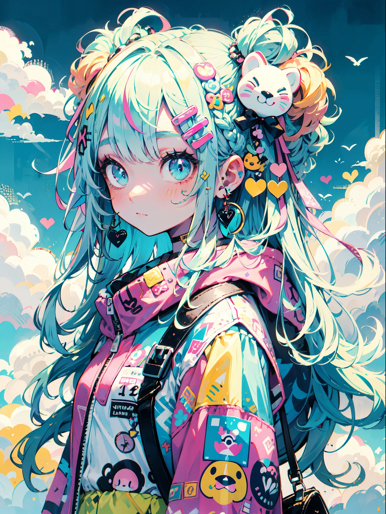 "kawaii, mignon, Adorable fille en rose, jaune, et palette de couleurs bleu ciel. Elle porte des vêtements sur le thème du ciel avec des motifs de nuages et de ciel. Sa tenue est moelleuse et douce, Avec des accessoires de décoration comme des pinces à cheveux. Elle incarne un style de mode Harajuku vibrant et tendance."