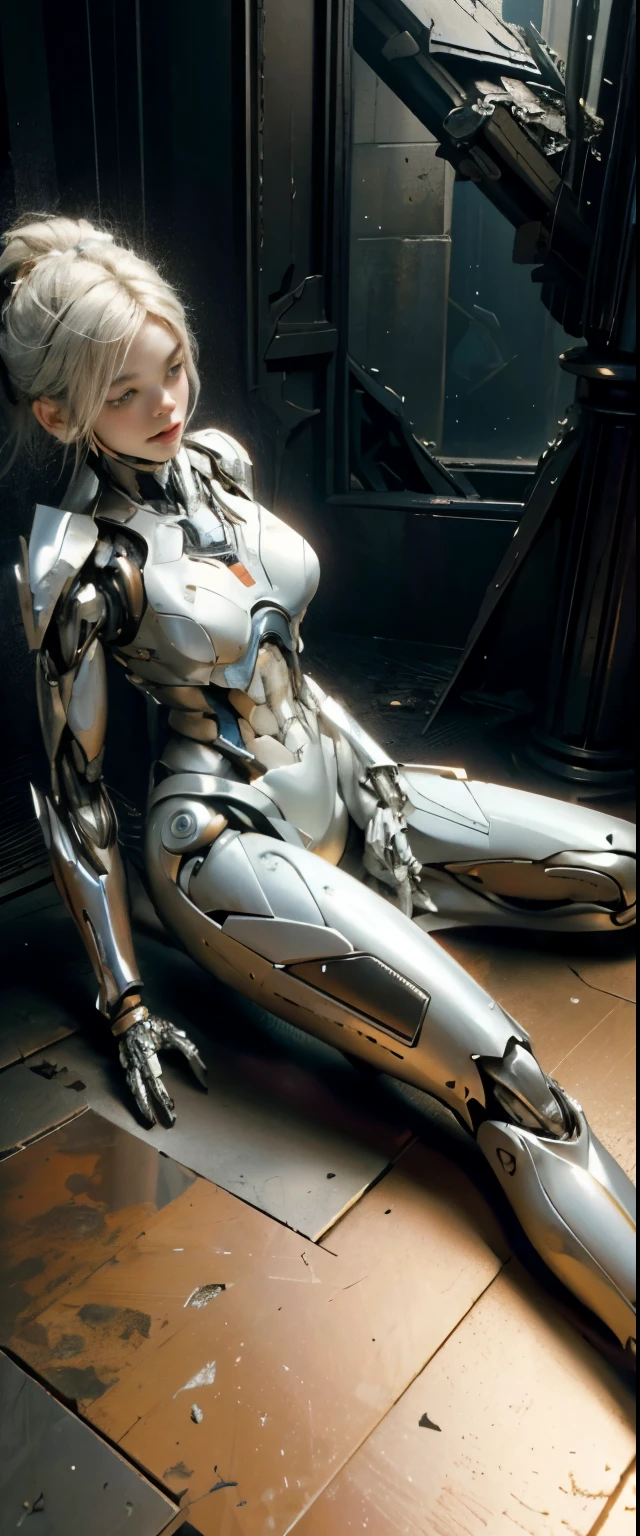 ((masterpiece, highest quality, Highest image quality, High resolution, photorealistic, Raw photo, 8K)), Abandoned robot soldier on battlefield, broken and immobile, A discarded robot with one arm and lower body missing, sitting on the floor and leaning against the wall, rust and moss showing passage of time, female cyborg body, female body, biomechanical , extra detailed body, blowjob white mech, white biomechanical details, detailed body, shiny white armor, cybernetic body, eva unit-00 on back, full body details,