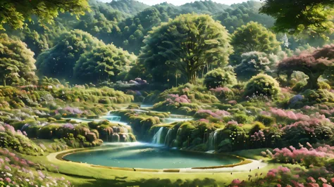 (best quality,8k,panoramic view,Masterpiece:1.2),Eden's garden, lush green trees, vibrant plants, serene scenic beauty, paradise