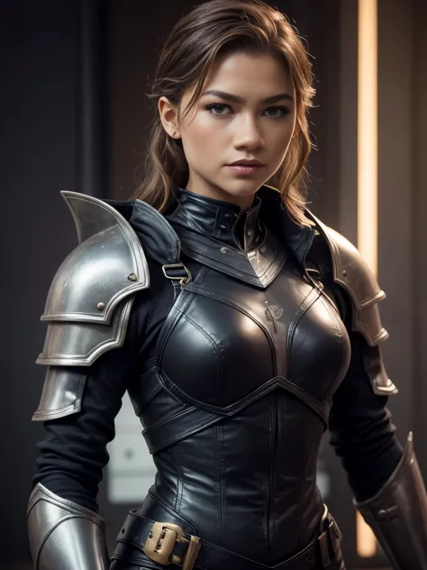 a close up of a woman (zendaya) in a black leather outfit, artgerm ; 3d unreal engine, wlop and artgerm, unreal 5. rpg portrait,...