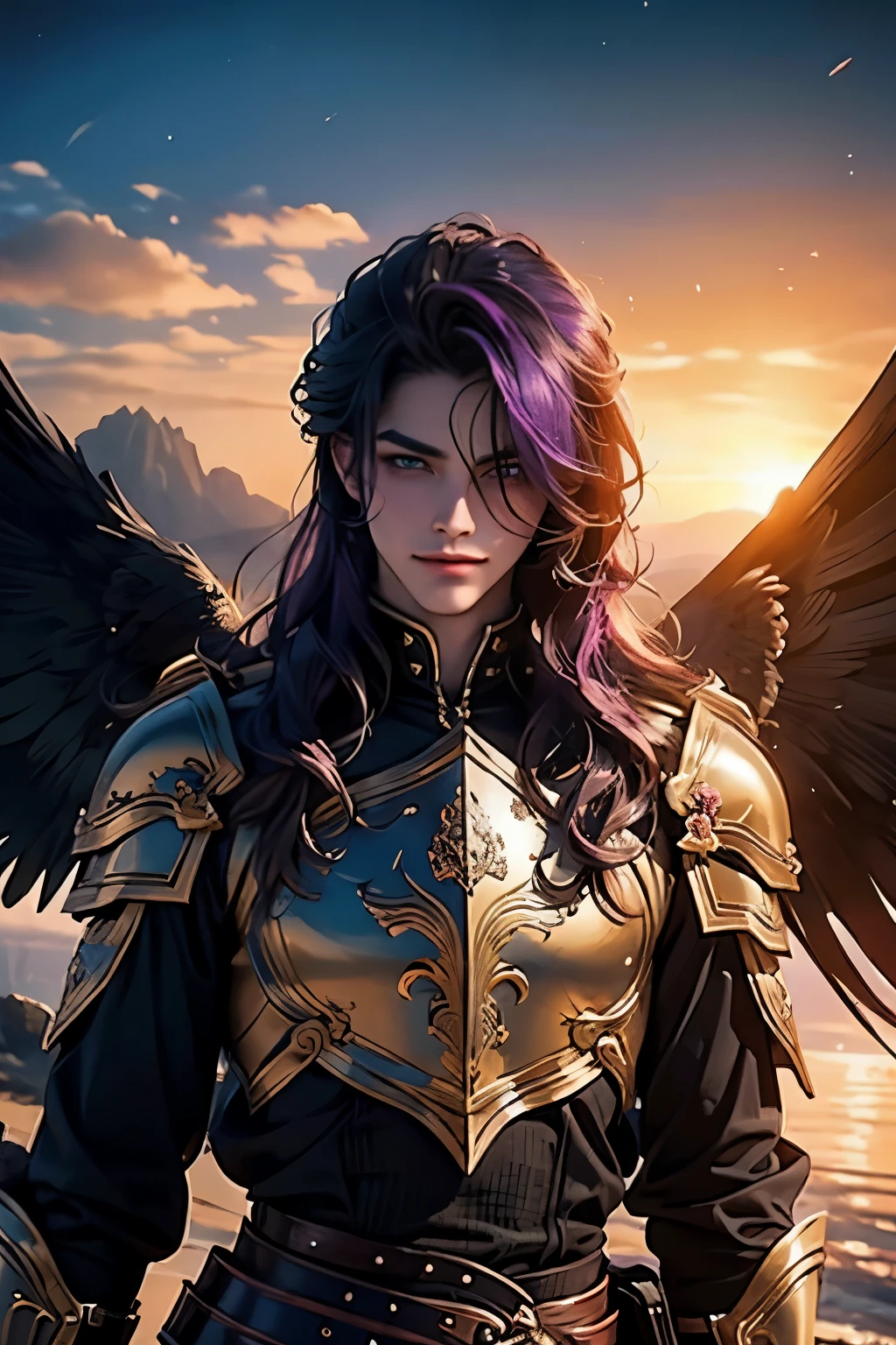 ((Best quality)), ((masterpiece)), 8k (detailed), ((perfect face)), ((halfbody)) perfect proporcions, he is a beautiful angel, he is 18 years old, he has violet hair, he has beautiful eyes, he has long hair, he dresses in armor, fantasy clothes, he has white angel wings, he smiles, there is a heaven sunset rose behind him, ((perfect face)) halfbody
