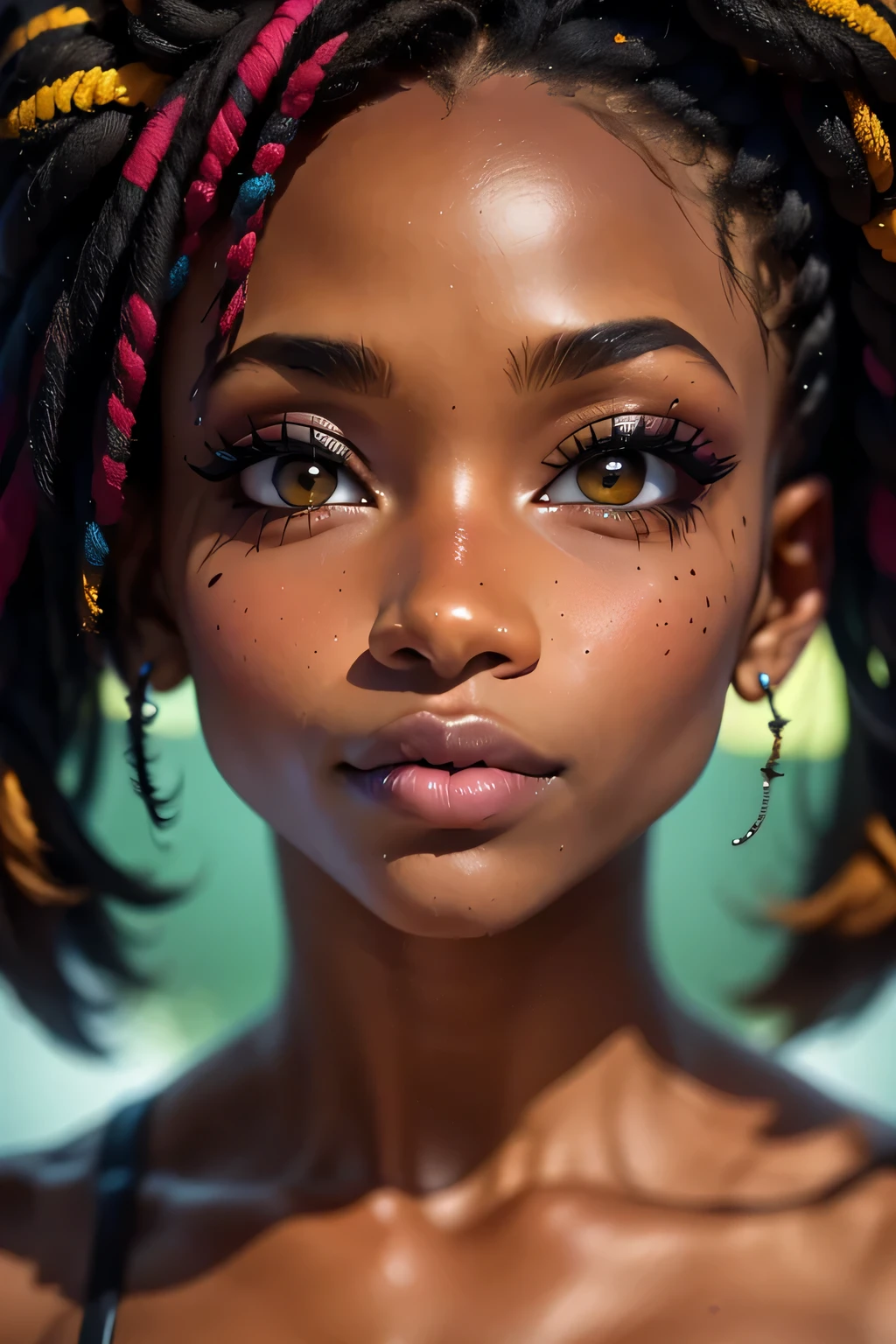 obra-prima, melhor qualidade, ultra-detalhado, 8K, luz detalhada, sombra detalhada, RAW, (pele detalhada), (realista: 1.2), 1 Mulher negra (afrodescendente), natural da africana, pele negra, sensual, pele refinada, rosto, unhas, cabelos encaracolados, olhando para o visualizador, piercing, fundo niquelado, boca fechada, olhos castanhos escuros, esmalte de unha vermelho,-auto --auto