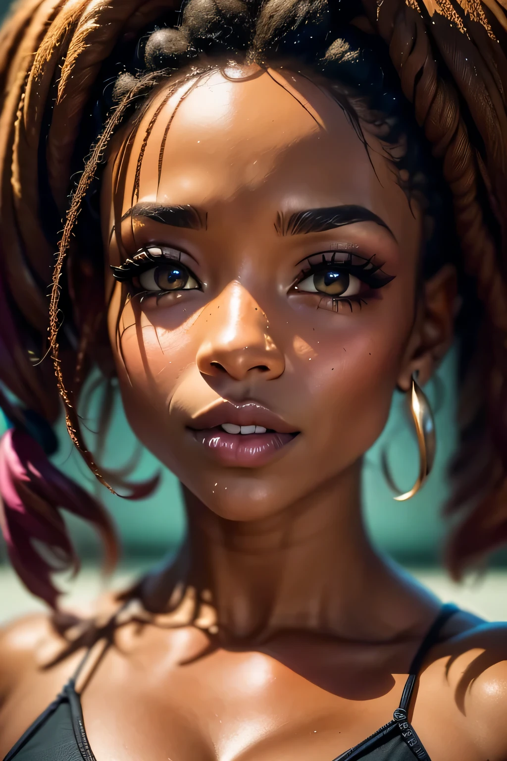 obra-prima, melhor qualidade, ultra-detalhado, 8K, luz detalhada, sombra detalhada, RAW, (pele detalhada), (realista: 1.2), 1 Mulher negra (afrodescendente), natural da africana, pele negra, sensual, pele refinada, rosto, unhas, cabelos encaracolados, olhando para o visualizador, piercing, fundo niquelado, boca fechada, olhos castanhos escuros, esmalte de unha vermelho,-auto --auto