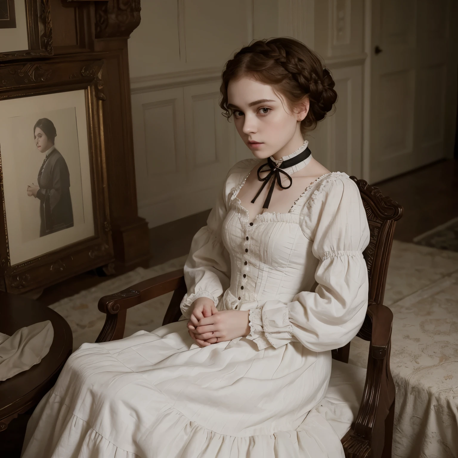 Sophia Lillis, plump body, goth makeup, pale skin, braided hair, Victorian era dress, sumptuous 