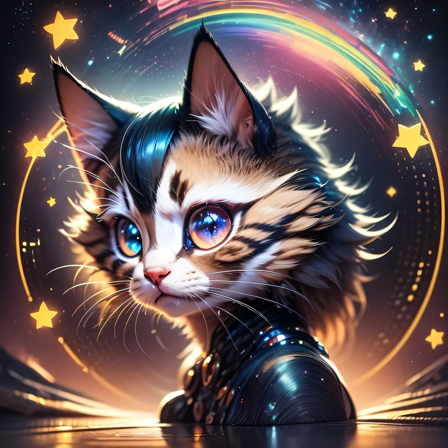 isometric gradient iridescent rainbow alien kitten, large glowing eye sockets made of sparkling rainbow stars, mark ryden art style, large luminescent glossy eyes, background, beautiful glowing nebular space scene surrealism, avant-garde, beth cavener artstyle, highly textured whimsical, excellent composition, fix everything, highly detailed portrait, idealation, bob doucette artstyle,  full HD, 3D, 4K, ultra realistic, ultra detailed, hyper realism, hyper perfectionist, ultra magnificent, highly extraordinary, rigidly sensational, ultra sublime, hyper exquisite, ultra In-depth, hyper-accurate, highly accurate, very thorough, extremely particularized, rich in uniqueness, hyper-pragmatic, abundant in common sense --auto --s2