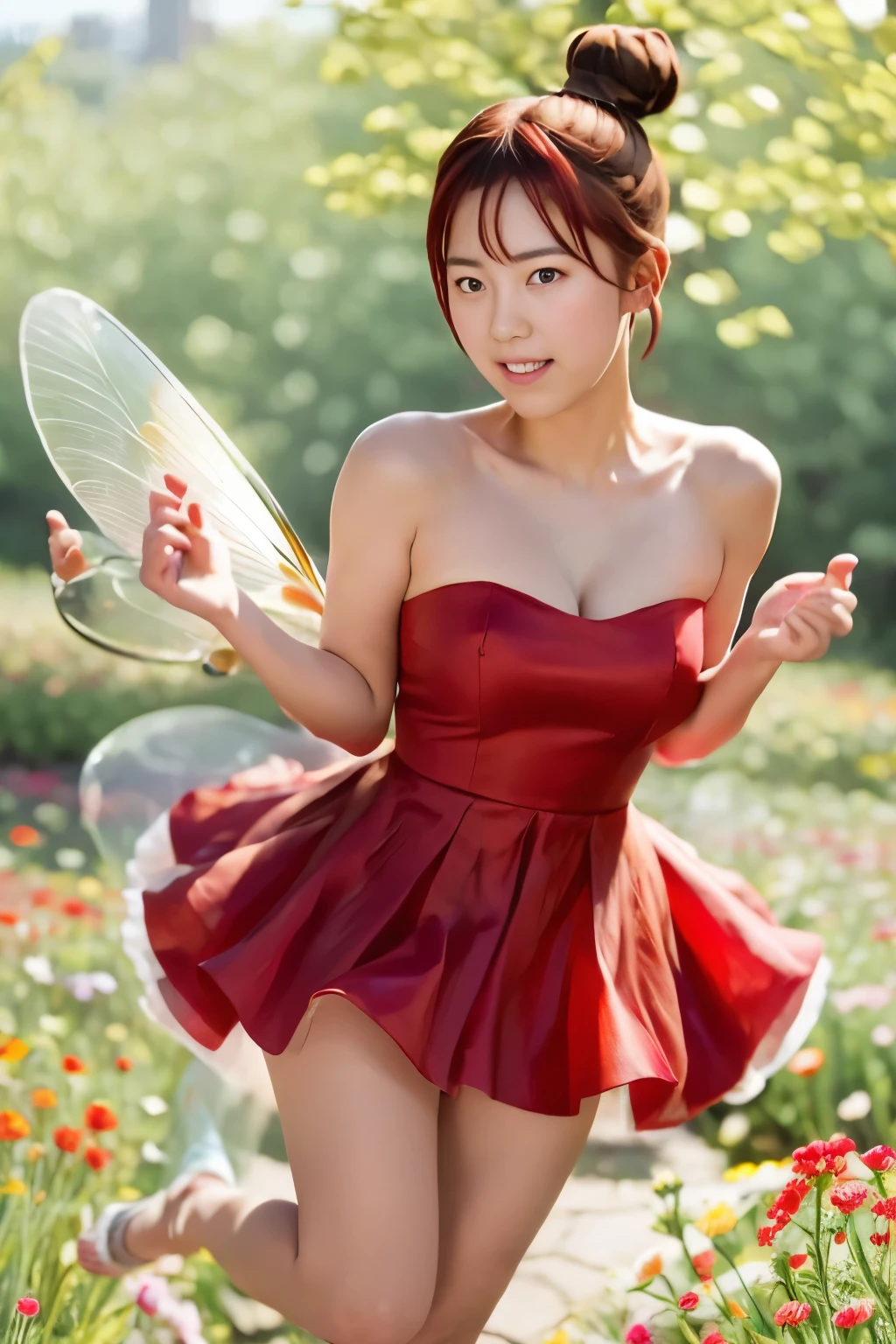 (((JPGND))), Masterpiece, Best Quality, (1girl), Ultra-realistic capture, Highly detailed, High resolution 16k, ((whole body)), round face, cute fairy, TinkerBell, (((red hair))), (((red eyes))), (((bun hair))), thin lips, thin eyebrows, Flying through the spring flower fields, wearing red dress strapless