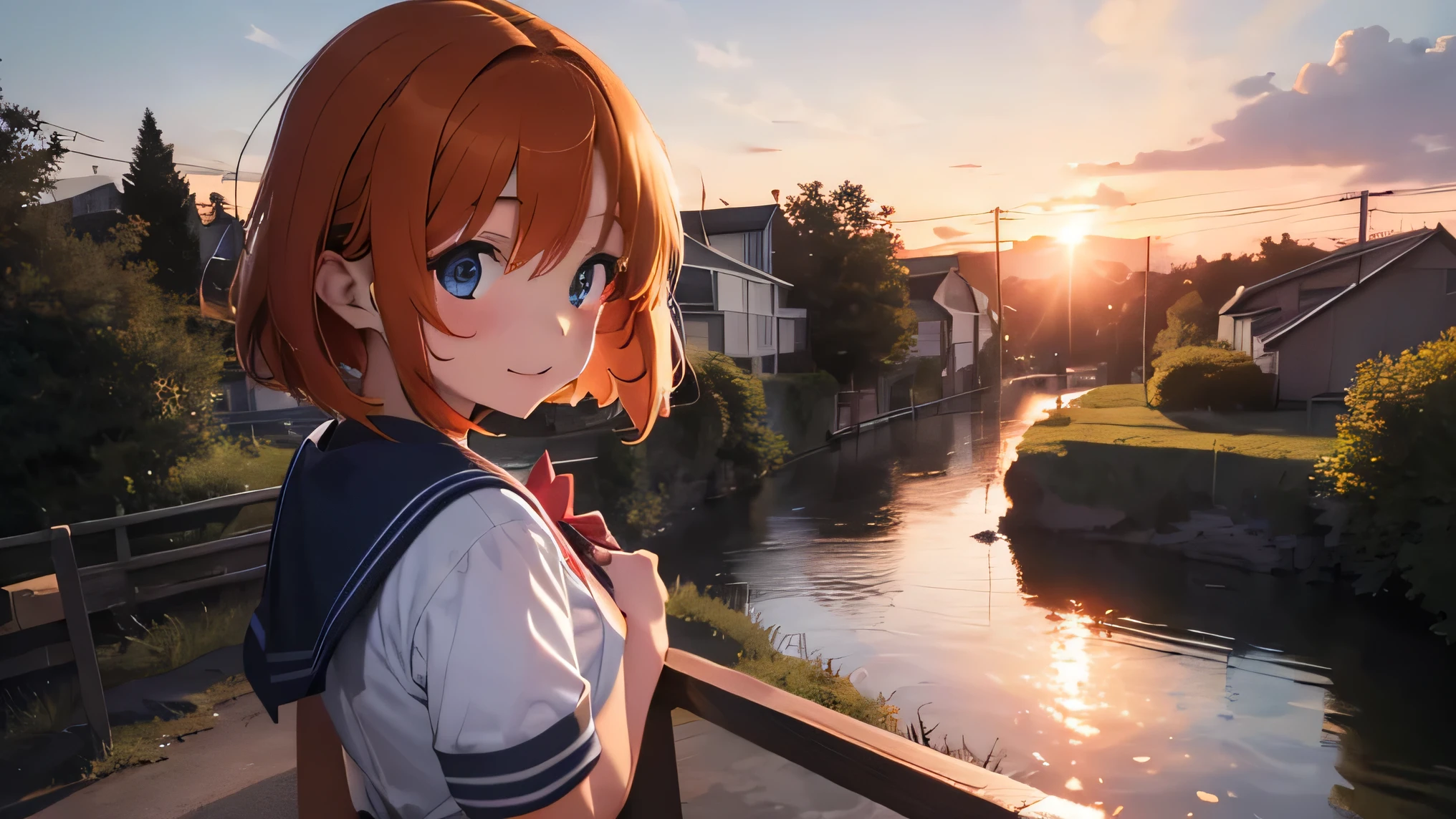 1 chica, Rûuguu horseradish, orange medium hair, Blue eyes, Serapukú, atardecer