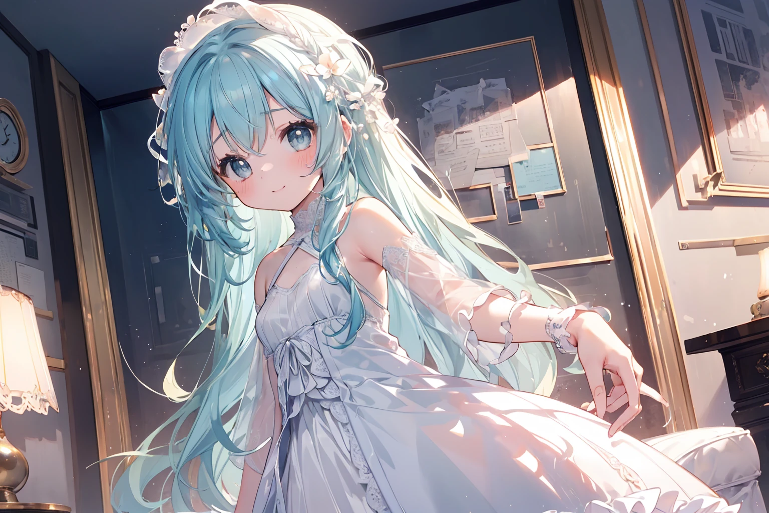 masterpiece, best quality, extremely detailed, (illustration, official art:1.1), 1 girl ,(((( light blue long hair)))), light blue hair, ,10 years old, long hair ((blush)) , cute face, big eyes, masterpiece, best quality,(((((a very delicate and beautiful girl))))),Amazing,beautiful detailed eyes,blunt bangs((((little delicate girl)))),tareme(true beautiful:1.2), sense of depth,dynamic angle,affectionate smile, (true beautiful:1.2),,(tiny 1girl model:1.2),(flat chest)), Soft Focus ,((ultra-detailliert:1.2))、(The best lighting、Best Shadows、extremely delicate and beautiful)、(the Extremely Detailed CG Unity 8K Wallpapers、​masterpiece、best qualtiy、ultra-detailliert)、(The best lighting、Best Shadows、extremely delicate and beautiful)、(the perfect body:1.5)、Best Quality, (Illustration:1.2), (Ultra-detailed), hyperdetails, (delicate detailed), (Intricate details), (Cinematic Light, best quality backlight), Perfect body, ( extremely delicate and beautiful), Cinematic Light、【emblem:Irridescent color 】、Sunnyday、happy smile, ((Best Quality)), (Masterpiece: 1.2), (Delicate Beautiful Girl), Illustration, 1 girl, white shirt, skirt, looking at the audience, room, sofa, red wine,