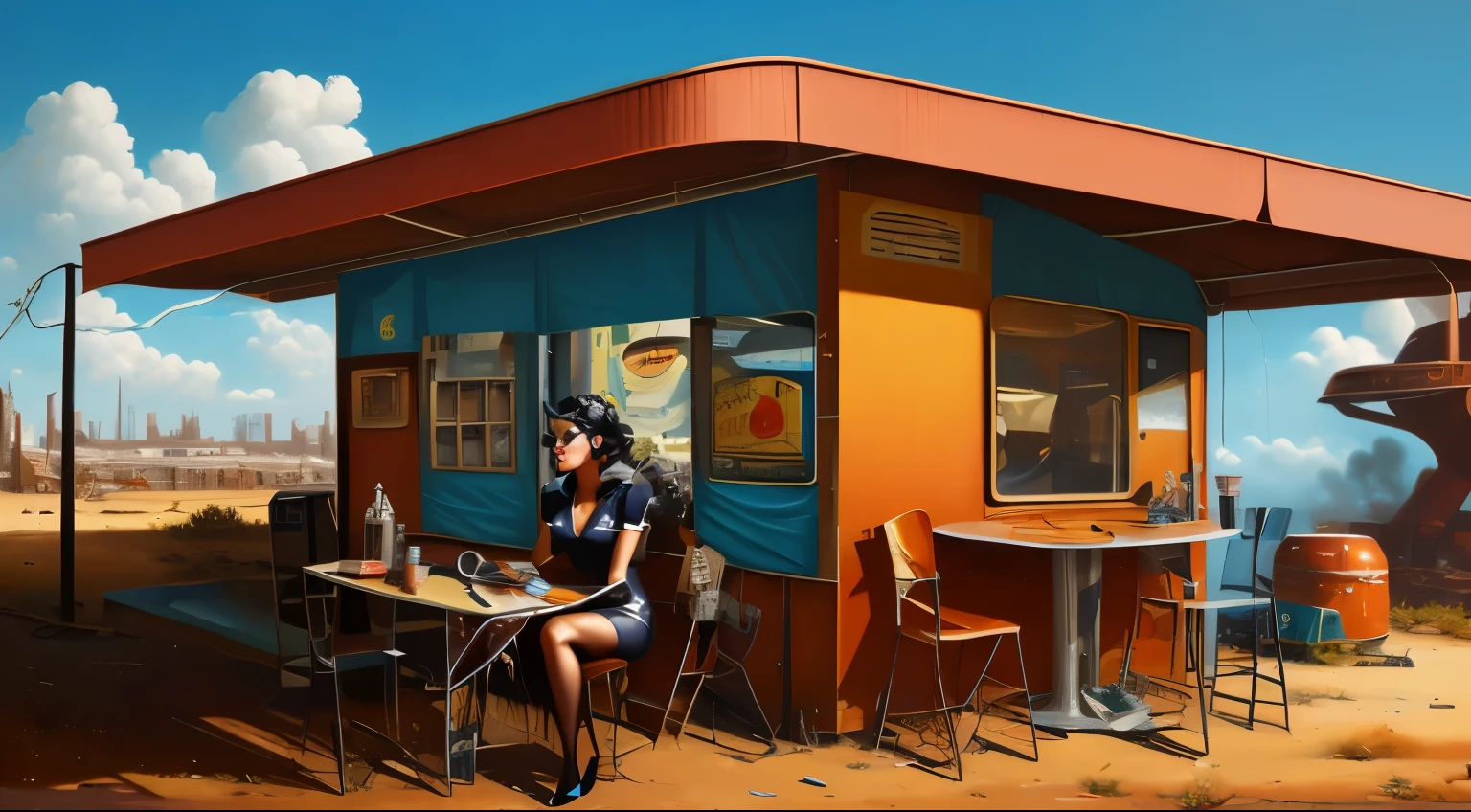 High art oil painting in pinup style, A shabby battered rusty anthropomorphic robot (retrofuturism) smokes cigarette under an awning