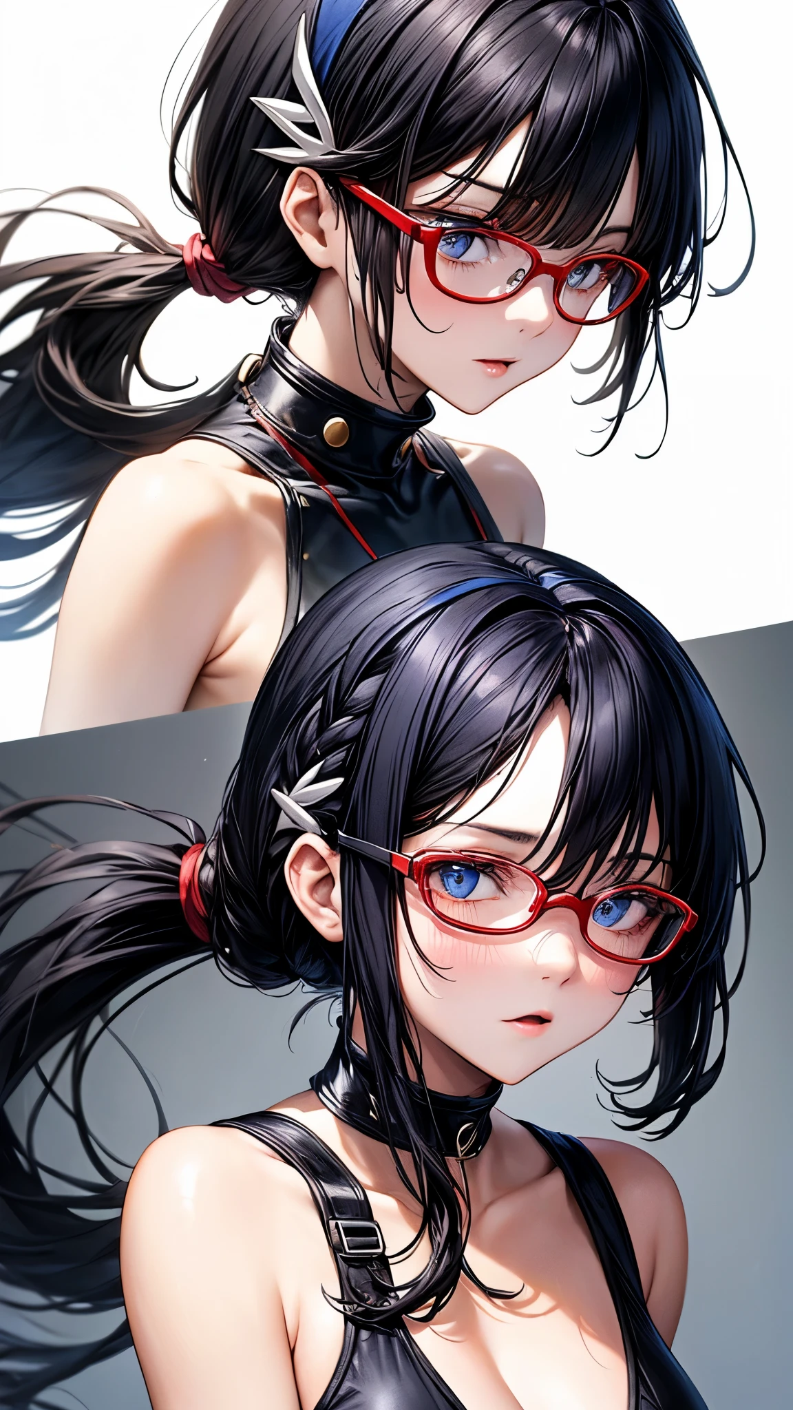 1 female,black hair, ,((impatient look)),beautiful breasts,((swimsuit)),good style,,(facing the front)(((cheeks turn red、surprised expression)),(((Underponytail))),((( upper body portrait)))frameless glasses,blue eyes,(((The bangs are even)))(wet state)