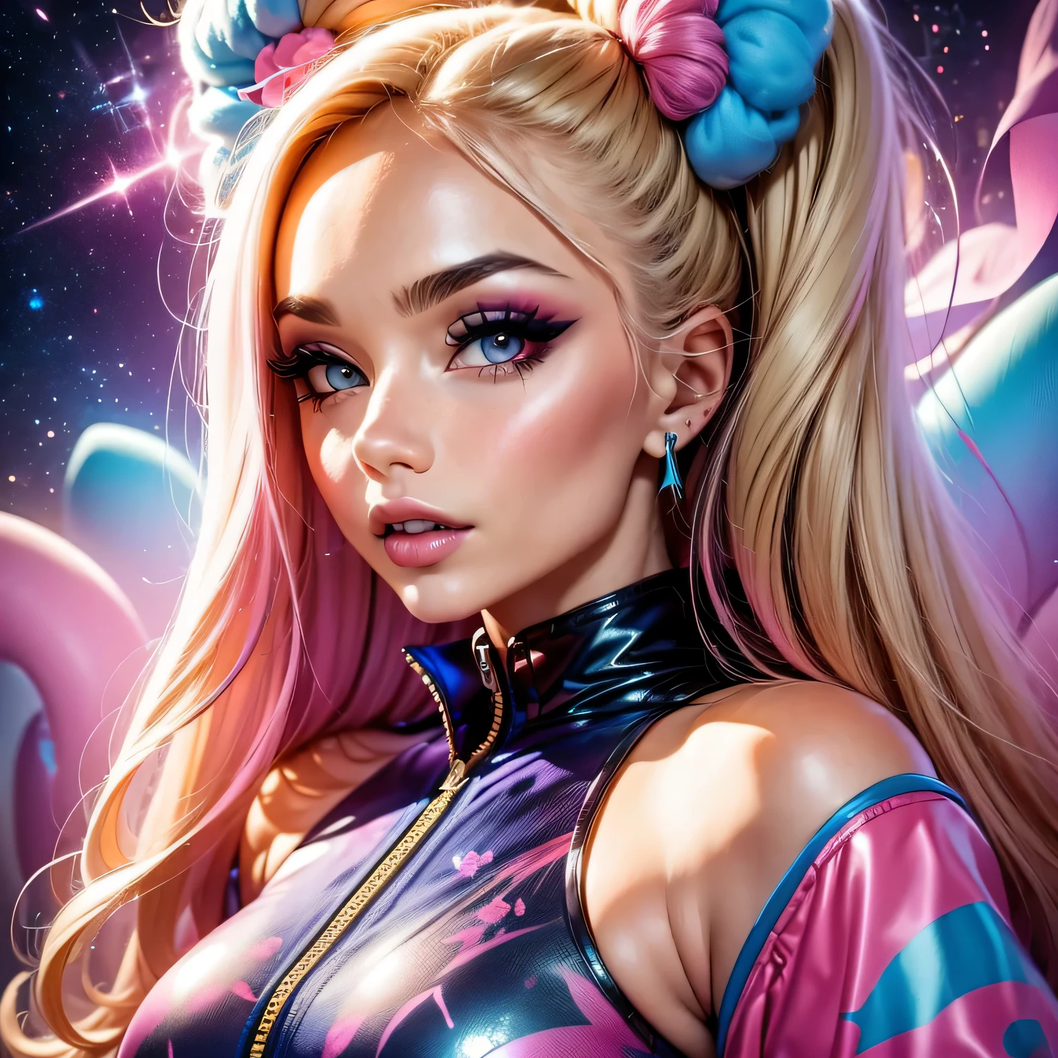 ((BArbie)) blond woman with pink and blue makeup and a pink and blue jacket, blonde girl in a cosmic dress, cartoon look, ava max, Brec Bassinger face!!, blonde hair and large eyes, lisa frank style, long blonde hair and large eyes, ahegao face, alexa grace, wearing atompunk jumpsuit, inspired by Lisa Frank