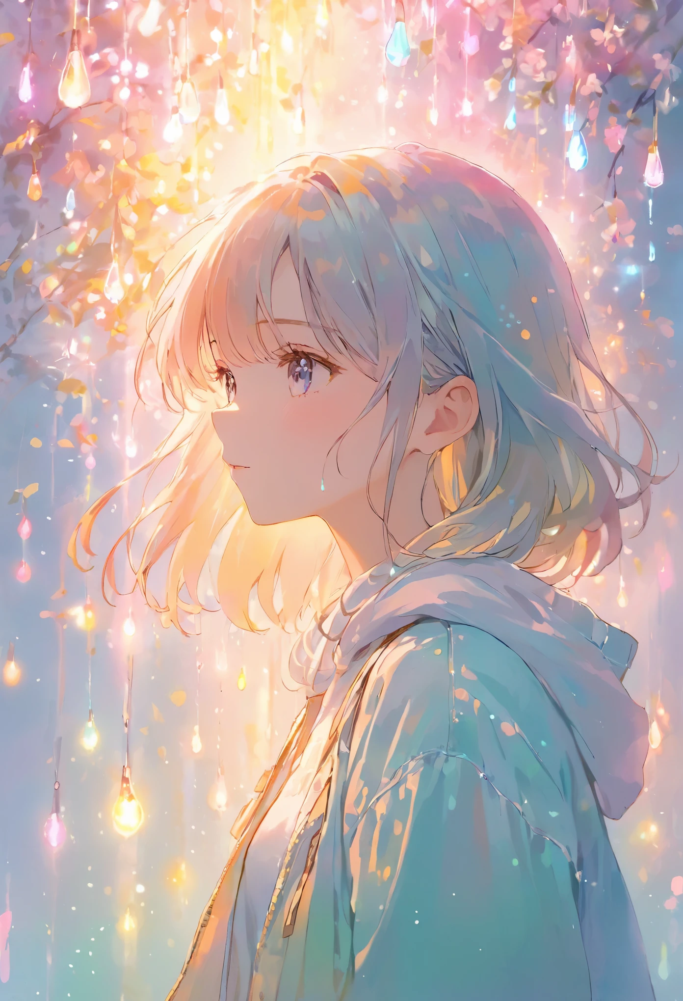 a girl, luminous design, pastel COLOR, ink drips, spring lights