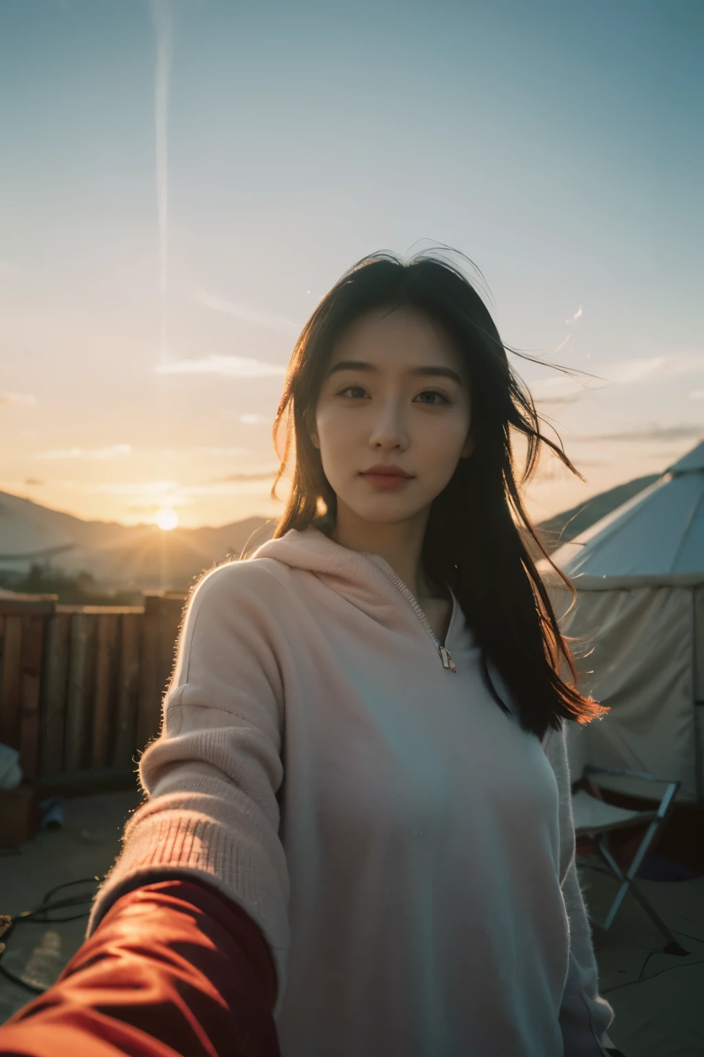 raw photo, one picture in a roll, she looks to camera, takes your hand, embracing you, ASMR tingles, she is loving and calming, bringing you into the warmth of the yurt, into the sunset light, sun set orange, pink, violet, aqua, paynes grey, cumulus, soft and warn into her world