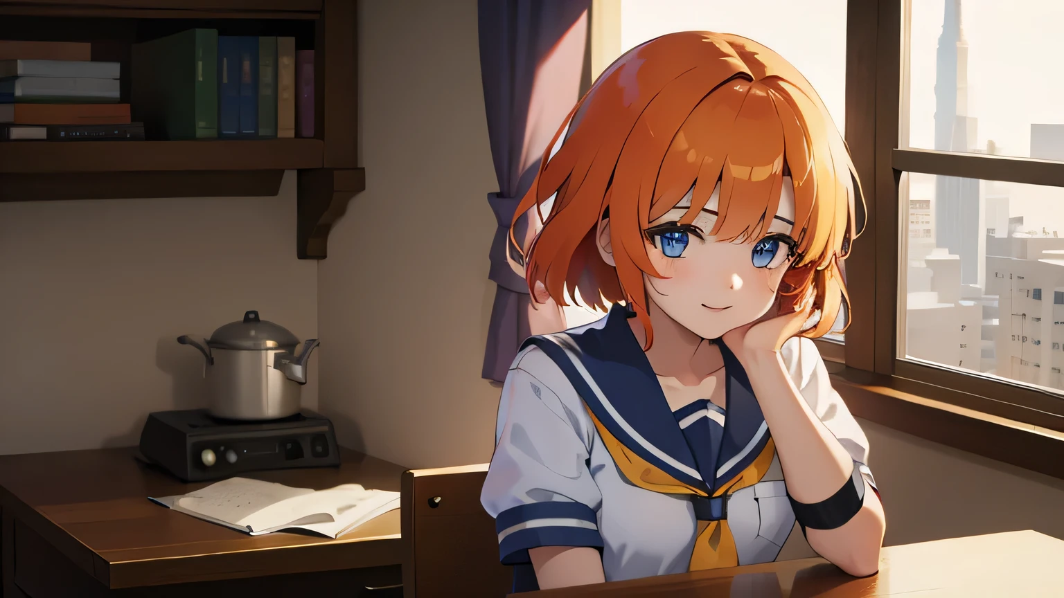 1 girl, Rûuguu horseradish, orange medium hair, blue eyes, Serapuku, Yellow tie, sad