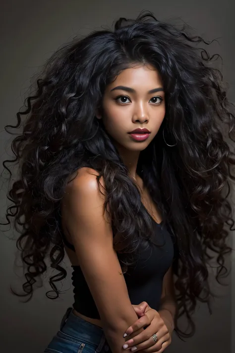 masterpiece, best quality, beautiful African and Asian mixed 19 year old, ebony skin female, long, frizzy, curly dark hair, perf...
