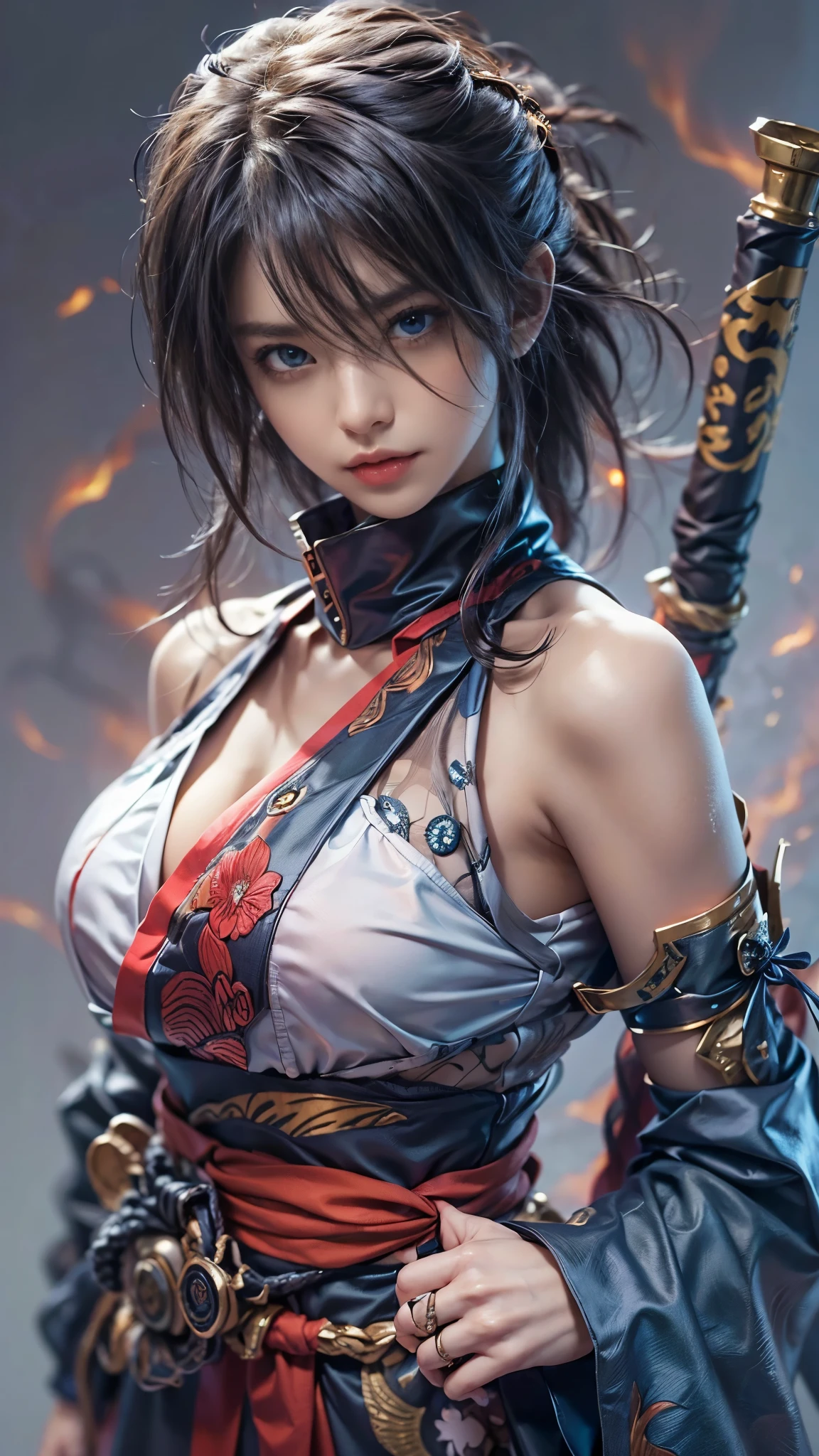 (disparo en bruto, Photoreal:1.5, 8k, de la máxima calidad, Obra maestra, ultra alta resolución), Sengoku, fuego事, いたるところで燃え上がる戦fuego:1.3, Perfecta composición dinámica:1.2, Texturas faciales y de piel muy detalladas.:1.2, Ninja femenina delgada con una daga afilada:1.3, luchar:1.2, hermoso y estetico:1.2, Belleza sexy, Estilo perfecto, usar anillos elaborados, fuego, agua, viento, trueno, Hielo, piel blanca, cara muy hermosa, (pecho mediano, Espacio en el pecho), (sonrisa vergonzosa, La expresión de tu cara cuando sientes una caricia intensa., Expresión facial al sentir placer.), (vistiendo un disfraz de ninja sexy:1.2, fuera del hombro:1.1), (Hermosos ojos azules, Ojos que se sienten hermosos eros:0.8), (demasiado erótico:0.9, Fascinante:0.9), tiro de cuerpo completo