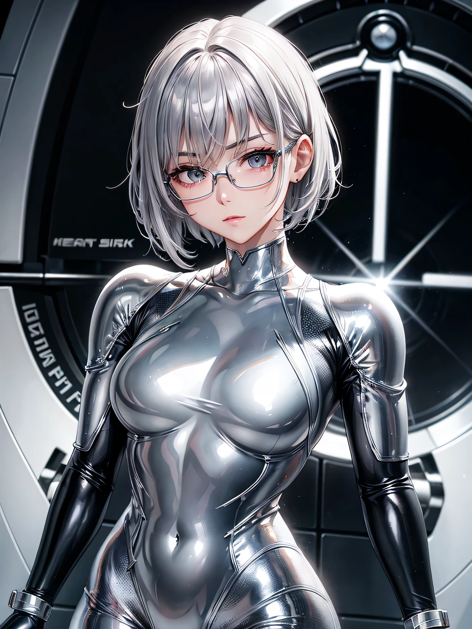 Top quality 8K UHD、short hair、pieces fly、silver hair、glasses uskul、Musculoskeletal system々、Upper body、Full body gloss、Beautiful woman wearing a full body silver metallic suit、A silver rubber suit that hides your lustrous skin