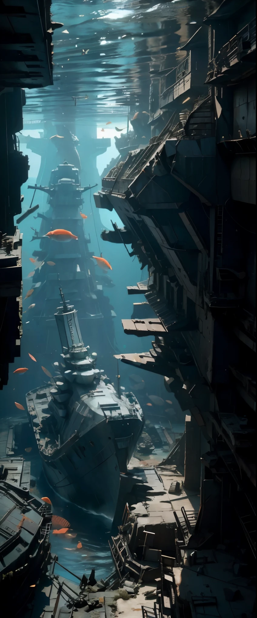 ((masterpiece, top quality, highest quality, high resolution, graphic, raw photo, 8K)), (Dark sea bottom, old battleship tilted and buried, bridge half collapsed, three main guns broken and covered with coral, large hole in the deck:1.3), Ancient battleship on the ocean floor is now a playground for fish, Underwater Photography, deep sea bottom, tilted and buried, holey battleship, (View of the sunken ship from above:1.2), 

