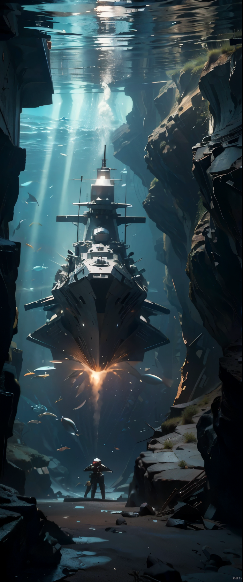 ((masterpiece, top quality, highest quality, high resolution, graphic, raw photo, 8K)), (Dark sea bottom, old battleship tilted and buried, bridge half collapsed, three main guns broken and covered with coral, large hole in the deck:1.5), Ancient battleship on the ocean floor is now a playground for fish, Underwater Photography, deep sea bottom, Tyndall Effect, tilted and buried, holey battleship, (View of the sunken ship from above:1.2), 

