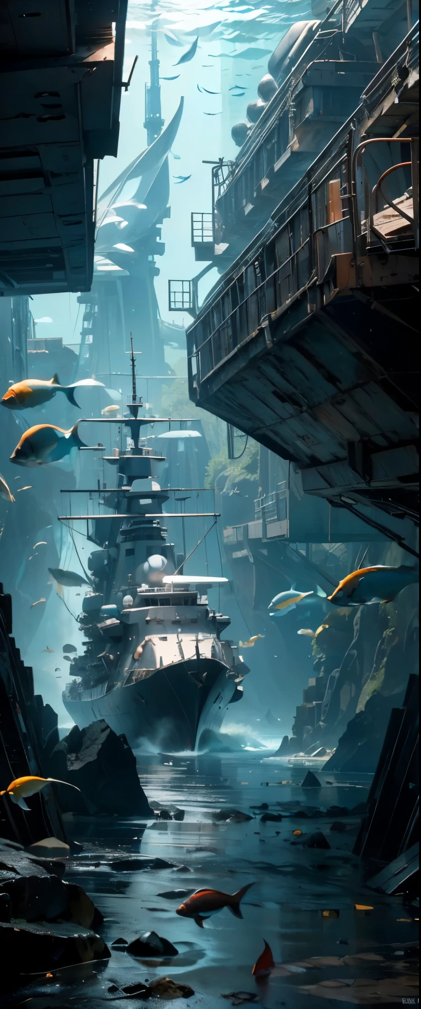 ((masterpiece, top quality, highest quality, high resolution, graphic, raw photo, 8K)), (Dark sea bottom, old battleship tilted and buried, bridge half collapsed, three main guns broken and covered with coral, large hole in the deck:1.5), Ancient battleship on the ocean floor is now a playground for fish, Underwater Photography, deep sea bottom, Tyndall Effect, tilted and buried, holey battleship, (View of the sunken ship from above:1.2), 

