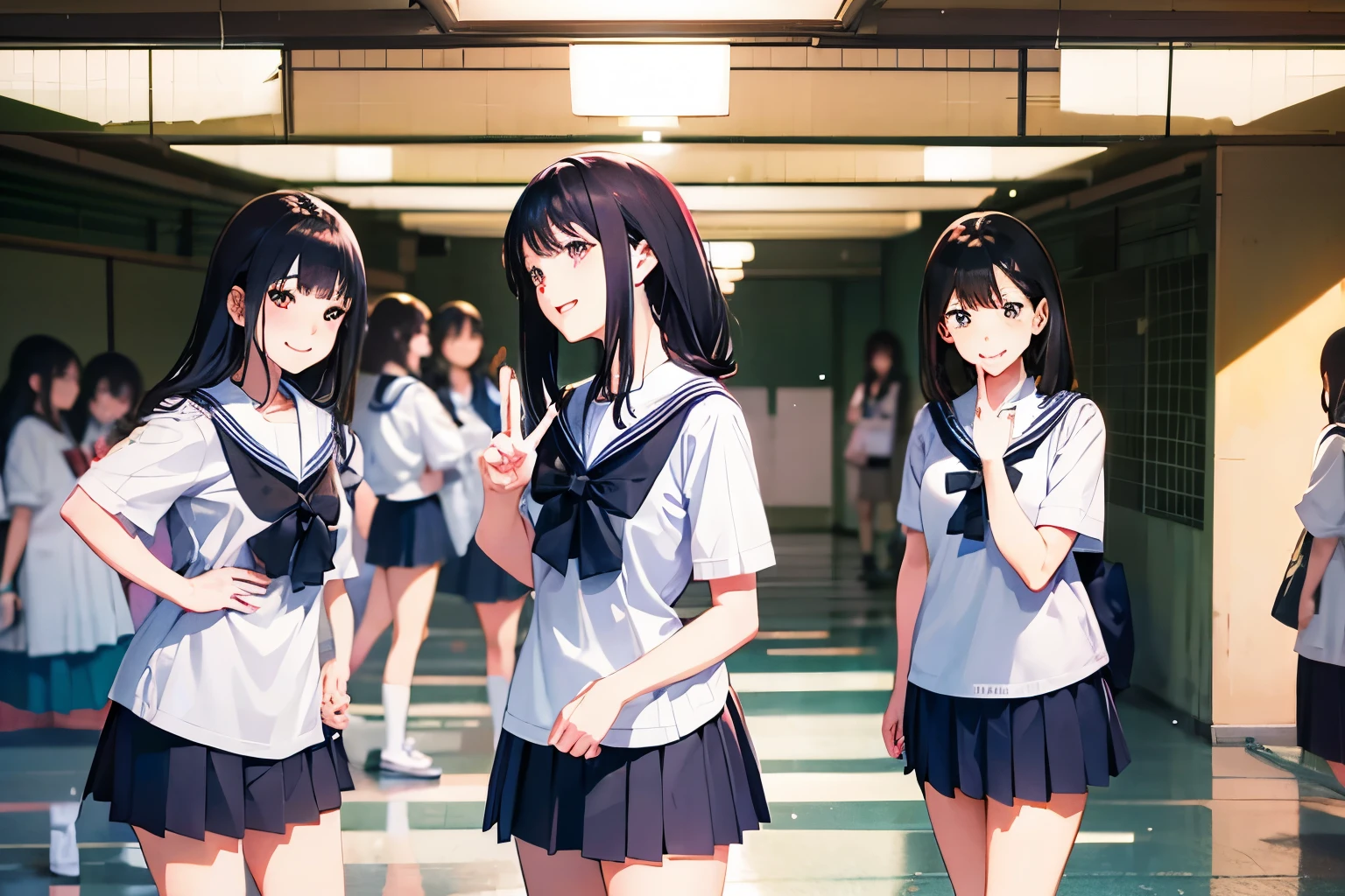 there are four girls posing in a school hallway, Japanese high school, ４A female high school student is making a peace sign, ４person has black hair, shy smile, four girls are all black hair, various poses, 8k)), 2D anime style, laugh shyly, picture, Kyoto animation style, beautiful images, Japanese high school, high resolution