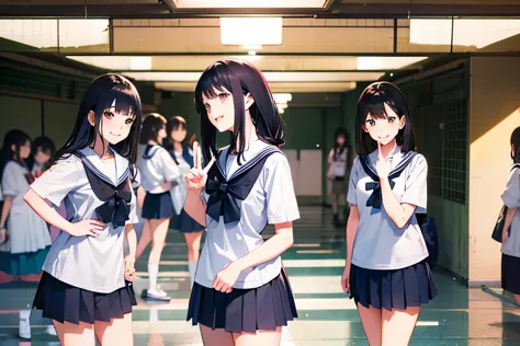 there are four girls posing in a school hallway, japanese high school, ４a female high school student is making a peace sign, ４pe...