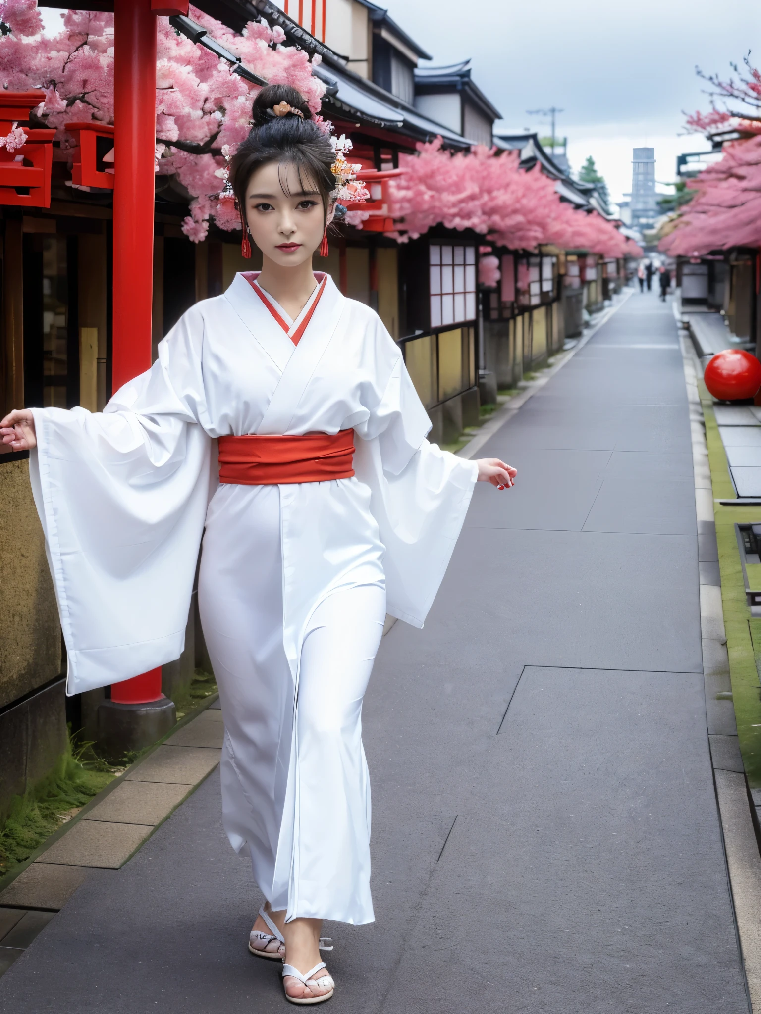 ((highest quality, 16k, masterpiece: 1.3)), 1 girl, (face focus: 1.2, Depth of written boundary), beautiful woman with perfect figure: 1.4, thin abs: 1.2, (((short bob hair)), ((small: 1.1)), ((beautiful face idol: 1.3)), ((Kimono 1.5 (transparent white fabric)), Highly detailed face and skin texture, fine eyes, double eyelid, (((temporarily stop)), (Charm), walk, Kyoto cityscape,