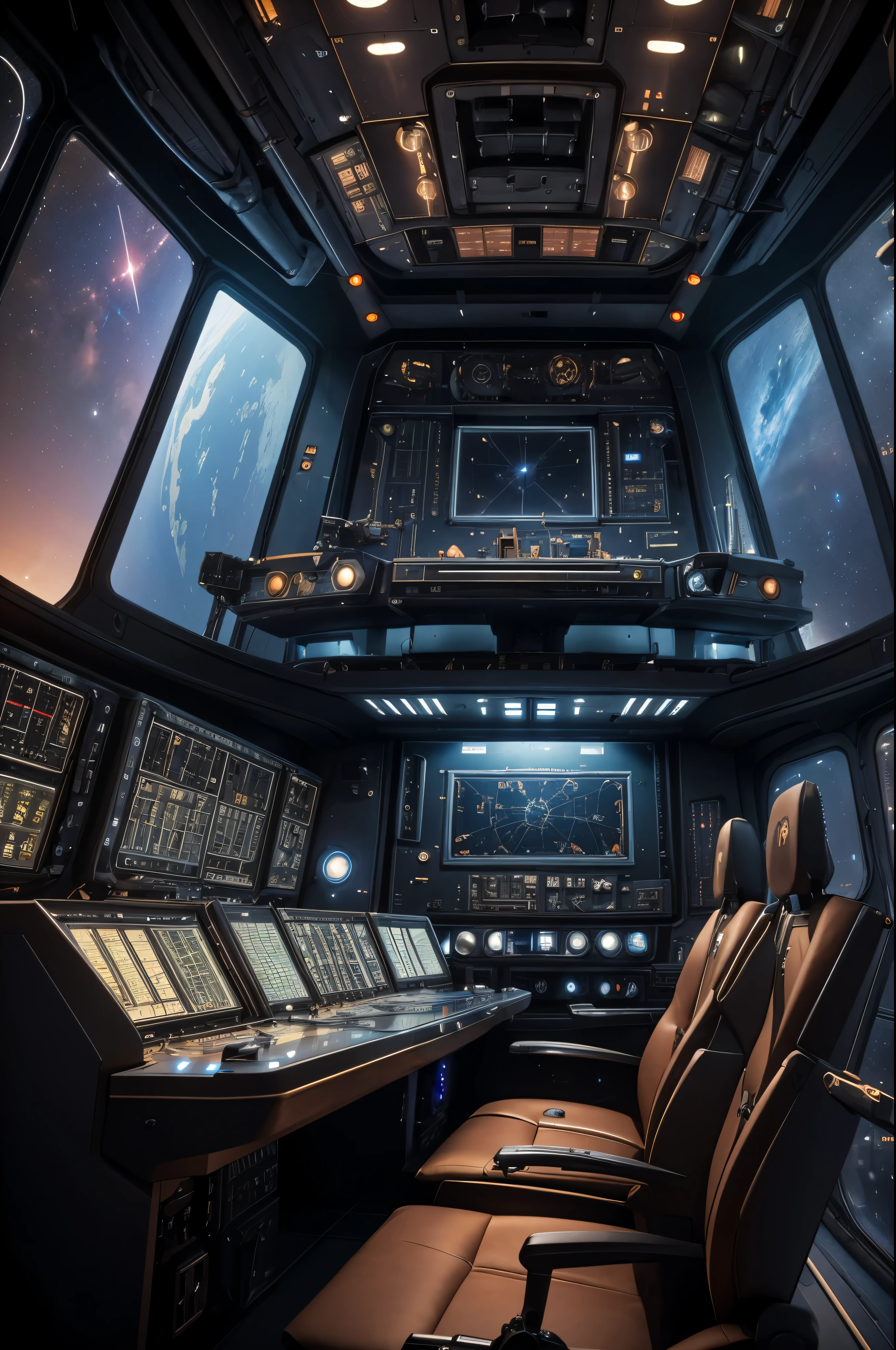 Spacecraft control room, with a window overlooking the&#39;immensity of the&#39;espace avec la planète Mars en vue, Pilot&#39;s seat, advanced technology, ambiance steampunk, finement détaillé avec des consoles de travail dotées d&#39;electronic and&#39;screens, High quality, beautiful lighting