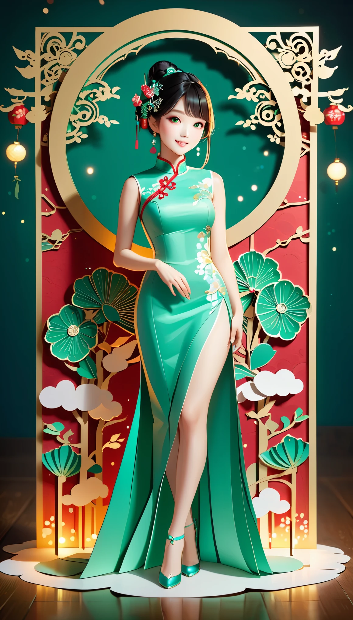 (paper art, paper ), 1 Cheongsam woman，Slender figure，perfectly proportions，Delicate hair accessories, full body, smile，Oriental elements，simple background, mint green,  (Soft Lighting, Bokeh)，high quality