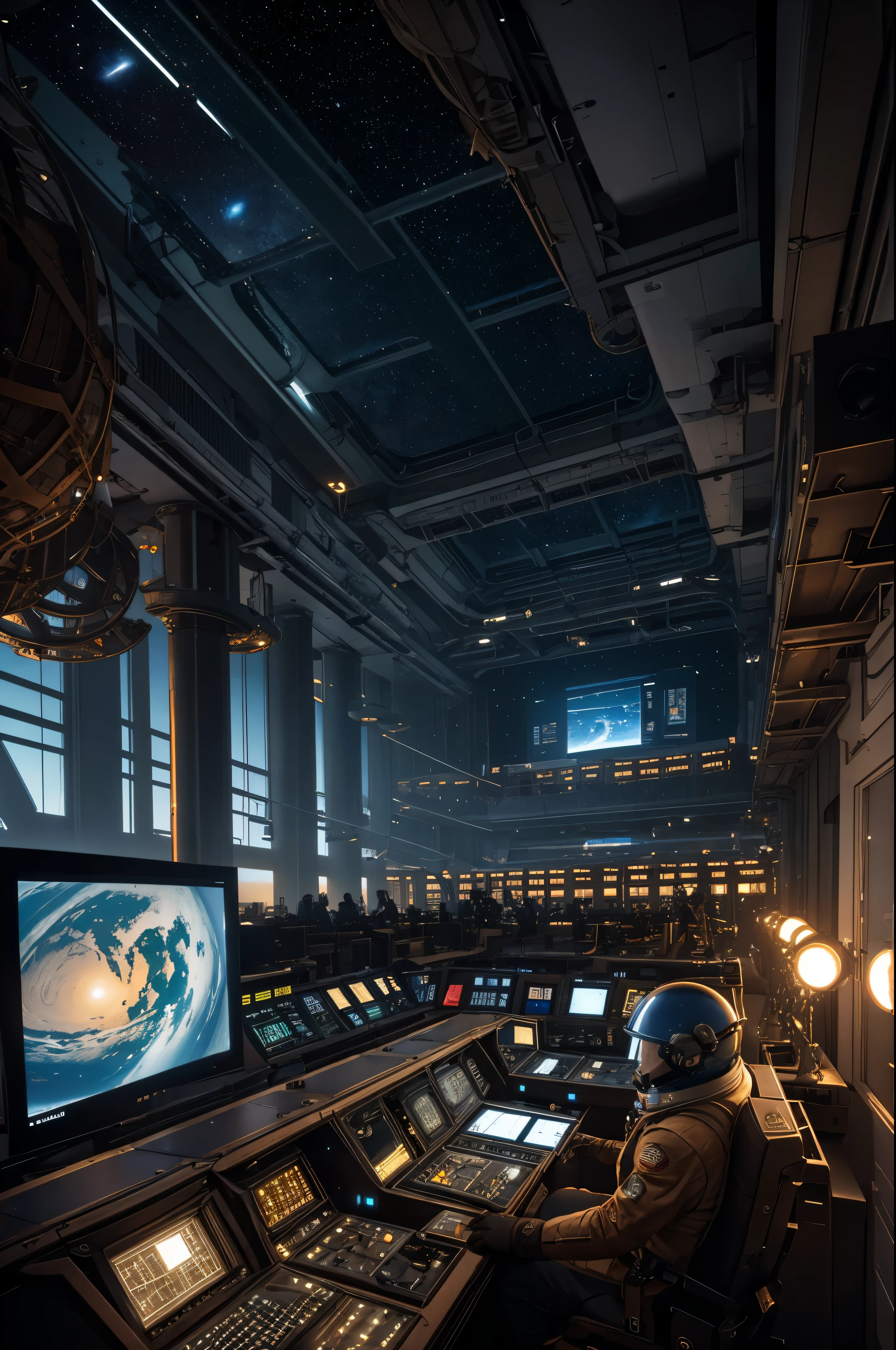 Space Shuttle Control Room, large window overlooking the&#39;espace avec Mars en vue, haute technologie, ambiance steampunk, postes de travail avec des configurations électroniques complexes, modern screens, ultra-detailed, High quality, beautiful lighting, espace spacieux