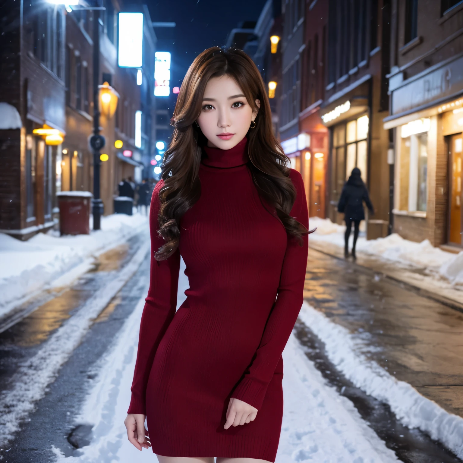 (table top、highest quality、8k、Award-winning work、ultra high resolution)、one beautiful woman、(Perfect red turtleneck long knit sweater dress:1.2)、Exactly、brown hair、white skin、(big breasts:1.1)、Very long wavy hair、epic movie lighting、(romantic love feelings:1.1)、(The most romantic and moody atmosphere:1.1)、winter、snow scene、It&#39;s snowing、(walking through the snowy city streets:1.1)、look at me、(Most emphasize the body line:1.1)、blurred background、accurate anatomy、ultra high definition hair、Perfect and beautiful teeth in ultra high resolution、Ultra high definition beauty face、ultra high definition hair、Super high-definition sparkling eyes、Shining, ultra high-resolution beautiful skin、ultra high resolutionの艶やかな唇、(full body photo:1.1)、(long legs:1.1)、(Panty stocking:1.1)