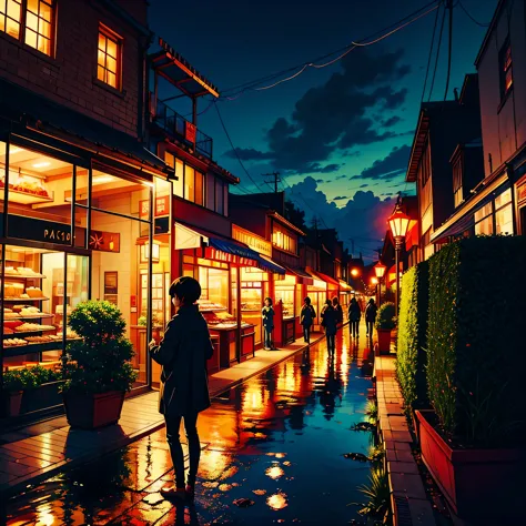 city flower shop, potted plants, flower, rainny night,water reflection puddle,oriental design, hanging lights , digital painting...