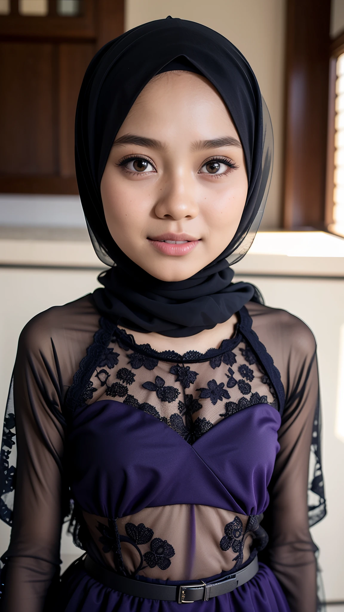 A close up of a woman wearing a purple dress and a black head scarf ...