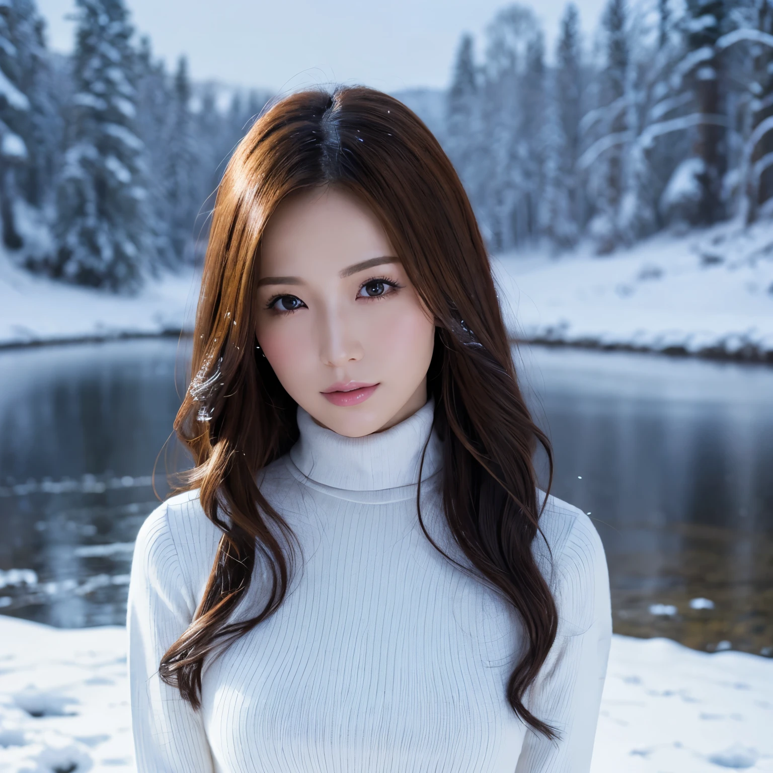 (table top、highest quality、8k、Award-winning work、ultra high resolution)、one beautiful woman、(Perfect red turtleneck long knit sweater dress:1.2)、Exactly、brown hair、(big breasts:1.1)、Very long wavy hair、epic movie lighting、(romantic love feelings:1.1)、(The most romantic and moody atmosphere:1.1)、(Snowy Nordic countryside:1.1)、snow scene、snow is piling up high、look at me、(Most emphasize the body line:1.1)、blurred background、accurate anatomy、ultra high definition hair、Perfect and beautiful teeth in ultra high resolution、Ultra high definition beauty face、ultra high definition hair、Super high-definition sparkling eyes、Shining, ultra high-resolution beautiful skin、ultra high resolutionの艶やかな唇、(full body photo:1.1)、(long legs:1.1)
