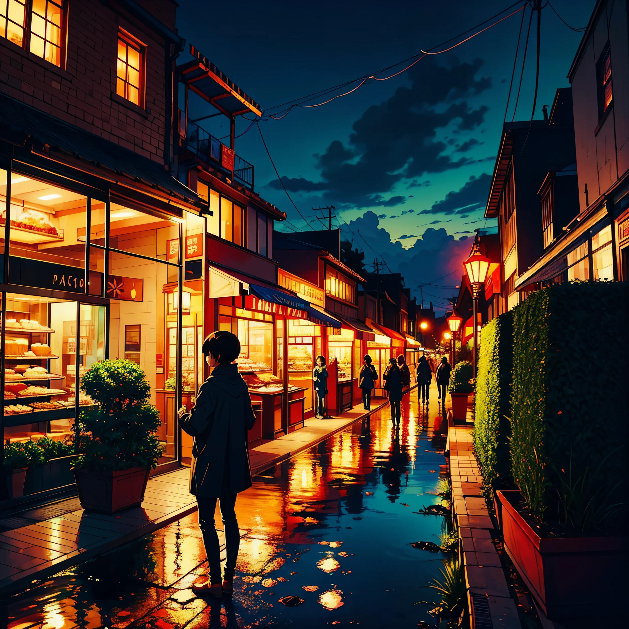 City flower shop, potted plants, flower, rainny night,water reflection puddle,oriental design, hanging lights , digital painting, sunset,wind up,concept art, illustration, intricate, many people, hanging lights, happy, beautiful colorful light, flower, plants ((tileset)) Anime - City street style scene, a woman waiting in front of a store, anime background art, detailed scenery - width 672, anime landscape concept art, anime style cityscape, Studio Ghibli anime style, Studio Ghibli art style, Studio Ghibli program, anime landscape, Studio Ghibli art style, Landscape artwork, Beautiful anime landscape, Forest city street, Ghibli art style, cake shop, cake shop, bakery cake shop, Makoto Shinkai style, Makoto Shinkai anime, Shinkai Makoto art style, insanely detailed, ((tmasterpiece)), absurdres, HDR, UHD, varied multi etc. --v6 --s1000 --c20 --q5 --chaos100