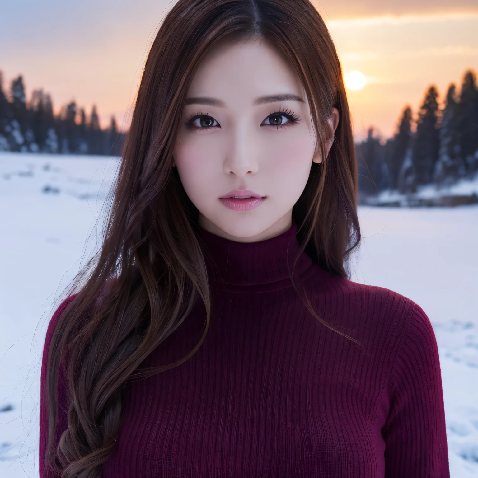 (table top、highest quality、8k、Award-winning work、ultra high resolution)、one beautiful woman、(Perfect red turtleneck long knit sweater dress:1.2)、Exactly、brown hair、(big breasts:1.1)、Very long wavy hair、epic movie lighting、(romantic love feelings:1.1)、(The most romantic and moody atmosphere:1.1)、(Snowy Nordic countryside:1.1)、snow scene、snow is piling up high、look at me、(Most emphasize the body line:1.1)、blurred background、accurate anatomy、ultra high definition hair、Perfect and beautiful teeth in ultra high resolution、Ultra high definition beauty face、ultra high definition hair、Super high-definition sparkling eyes、Shining, ultra high-resolution beautiful skin、ultra high resolutionの艶やかな唇、(full body photo:1.1)、(long legs:1.1)