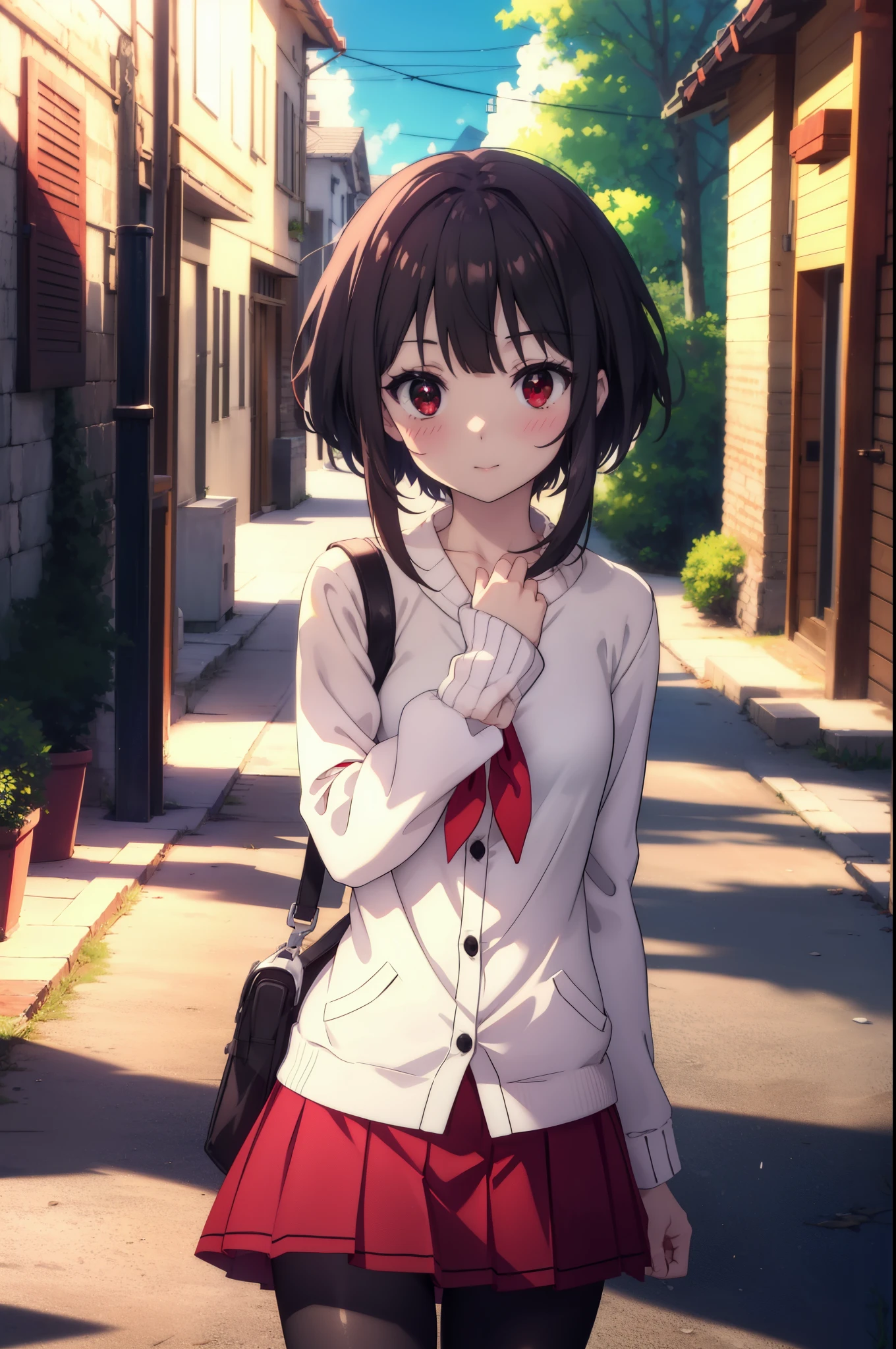 konosubaMegumin, Megumin, short hair, black hair, (red eyes:1.3), short hair with long locks,white sailor,red cardigan,black pleated skirt,gray pantyhose,brown loafers,smile,blush,I have a magic wand in my hand,
break outdoor, forest, nature, wood, village, null, sun, cloud,
break looking at viewer, (cowboy shot:1.5),
break (masterpiece:1.2), highest quality, High resolution, unity 8k wallpaper, (shape:0.8), (fine and beautiful eyes:1.6), highly detailed face, perfect lighting, Very detailed CG, (perfect hands, perfect anatomy),