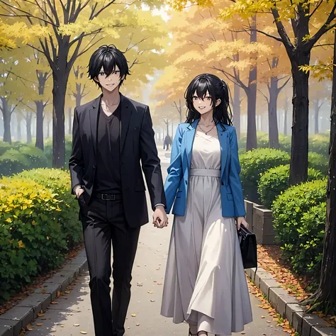 a man holding his wife's hand, in a park set in autumn, smiling
