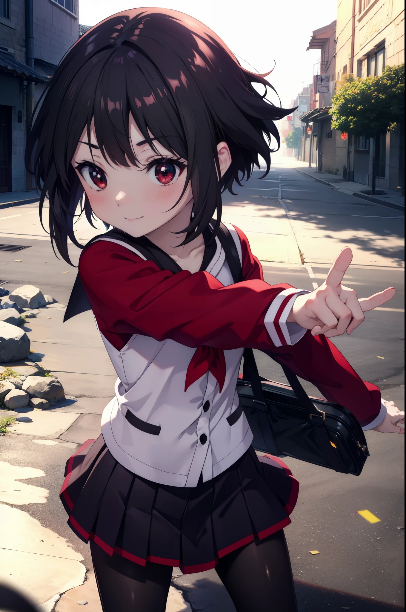 konosubaMegumin, Megumin, short hair, black hair, (red eyes:1.3), short hair with long locks,white sailor,red cardigan,black pleated skirt,gray pantyhose,brown loafers,smile,blush,He has a long magic wand in his hand.,morning、morning日,
break outdoor, 魔法学校
break looking at viewer, 
break (masterpiece:1.2), highest quality, High resolution, unity 8k wallpaper, (shape:0.8), (fine and beautiful eyes:1.6), highly detailed face, perfect lighting, Very detailed CG, (perfect hands, perfect anatomy),