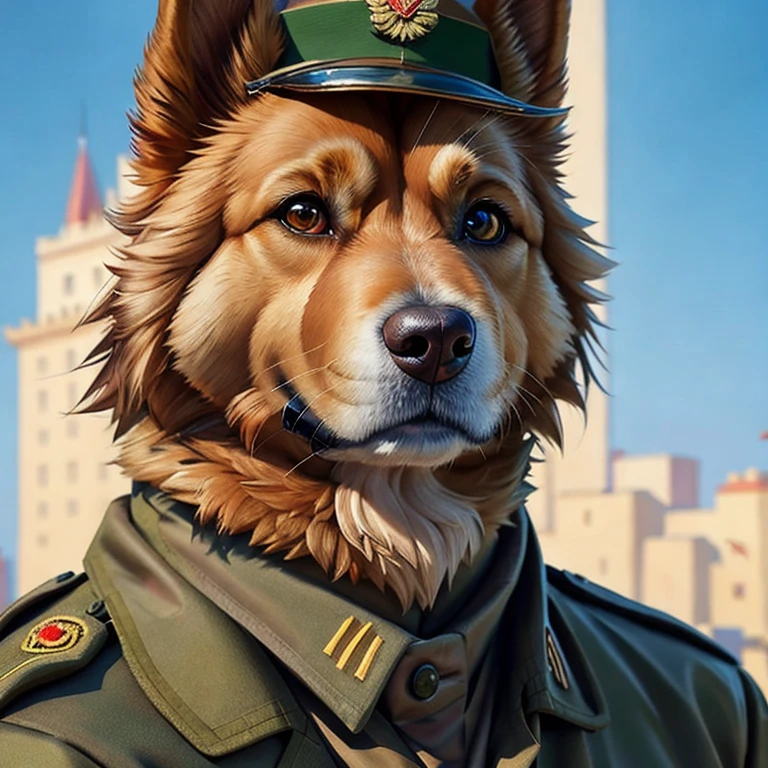 arafed dog wearing military uniform, digital art by Adam Marczyński, trending on cgsociety, digital art, wojtek fus, close up portrait shot, closeup portrait shot, anthropomorphic dog, close - up portrait shot, portrait shot, alexey egorov, highly detailed cgsociety, sergey zabelin