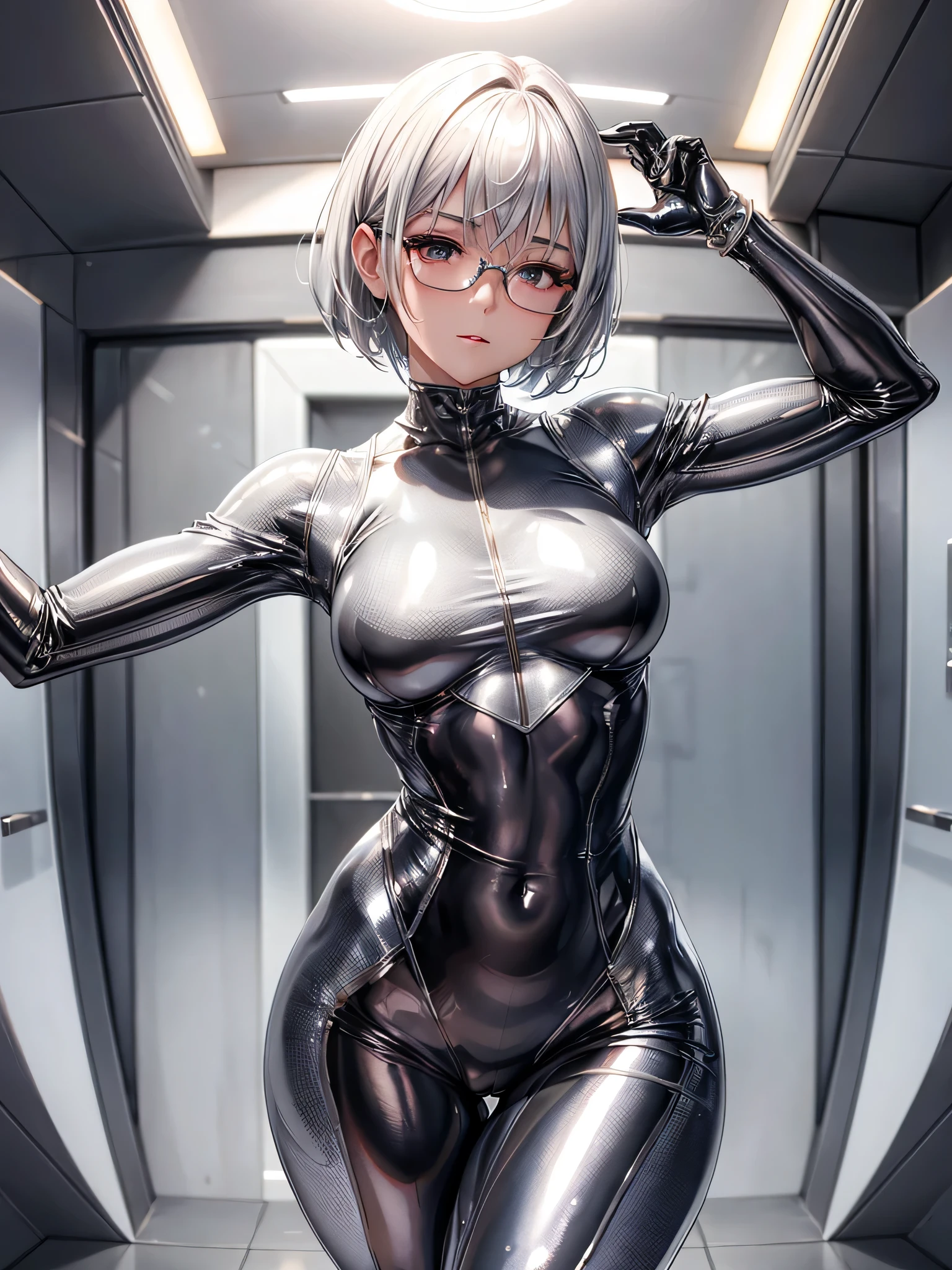 Top quality 8K UHD、short hair、pieces fly、silver hair、glasses uskul、Musculoskeletal system々、Upper body、Full body gloss、Beautiful woman wearing a full body silver metallic suit、A silver rubber suit that hides your lustrous skin