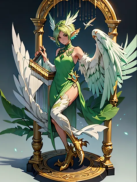 1 Girl, (white harpy Beast), white wings, wing at her back, (wearing a green dress), green clothes, green hair, ((black eyes)), ...