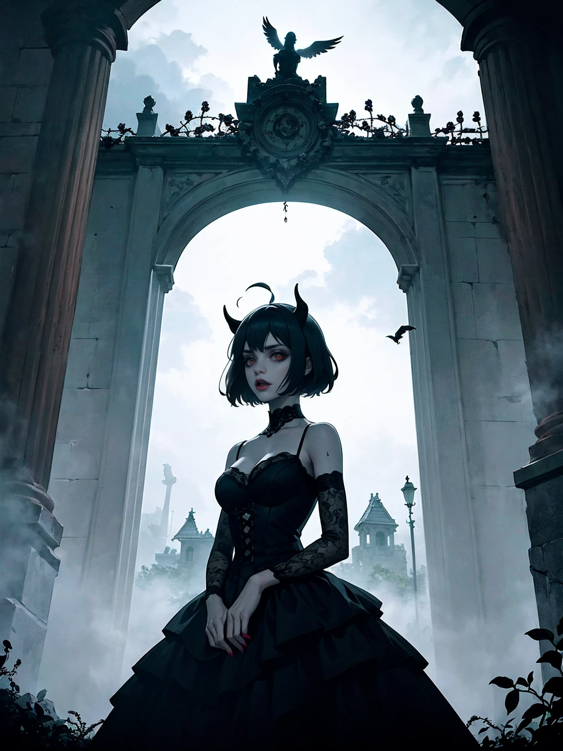 (masterpiece, best quality), intricate details, 1girl, solo, Nero, black hair, short hair, ahoge, red eyes, horns, outdoors, tank top dress, black dress, cleavage, expressionless, looking at viewer, ((close, solo, 1woman, pink lipstick, Extremely detailed, ambient soft lighting, 4k, perfect eyes, a perfect face, perfect lighting, a 1girl)), (shy, highest quality, masterpiece:1.2), High-definition RAW color photo, Professional, cinematic light, gothic aesthetics, horror, eerie atmosphere, dark shadow, unforgettably beautiful, creepy landscape, gothic architecture, eerie atmosphere, decaying ruins, foggy fog, dramatic lighting, dark color, creepy details, (creepy and beautiful woman, Flowing Black Dress, ghost-like presence, gothic fashion, lace and velvet, skin, dark red dress and vclack), eerie storm clouds, Moonlight night, supernatural being, eerie shadow, gothic charm, romantic rose in a dark corner, Bright red roses, creeping vine, dripping candle, Secret Whispers、delicate carvings, Ancient curses, thunder and lightning, creepy fog and crows, medieval atmosphere, spiderweb, gorgeous chandelier、Gargoyle - decorated roof, bleeding statue, sublime beauty, gothic aesthetic