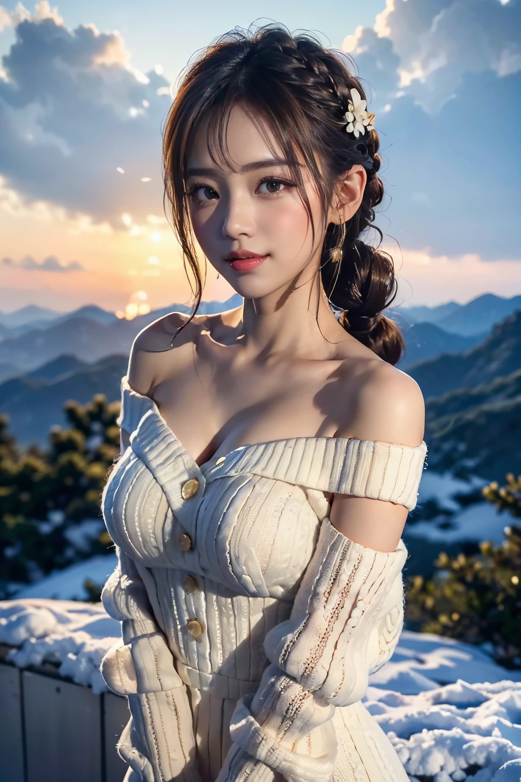 (Make your subject look three-dimensional with the contrast of light and shadow),(((With the sunset in the background))),(((standing on a snowy mountain in winter:1.3))),cute and beautiful adult woman,cute smile,with blushing cheeks,red lips,(((Off-white off-shoulder knit jumper dress:1.3))),black stockings,Knee-high boots,(silvery hair,floral braided headband,half up、floral braided space bun,voluminous fishtail braid,Twisted pan,),(The bangs are see-through bangs),hairpin,hair ornaments,(((emphasize the chest:1.3))),Breast flick,Detailed clothing characteristics,Detailed characteristics of hair,detailed facial features,(dynamic angle),(dynamic and sexy pose),professional lighting,cinematic light,(highest quality,Ultra high resolution output image,) ,(8K quality,Depth of the bounds written,Anatomically accurate facial structure,),(sea art 2 mode:1.3),(Image mode Ultra HD,),(3D Realistic Photography:1.3)