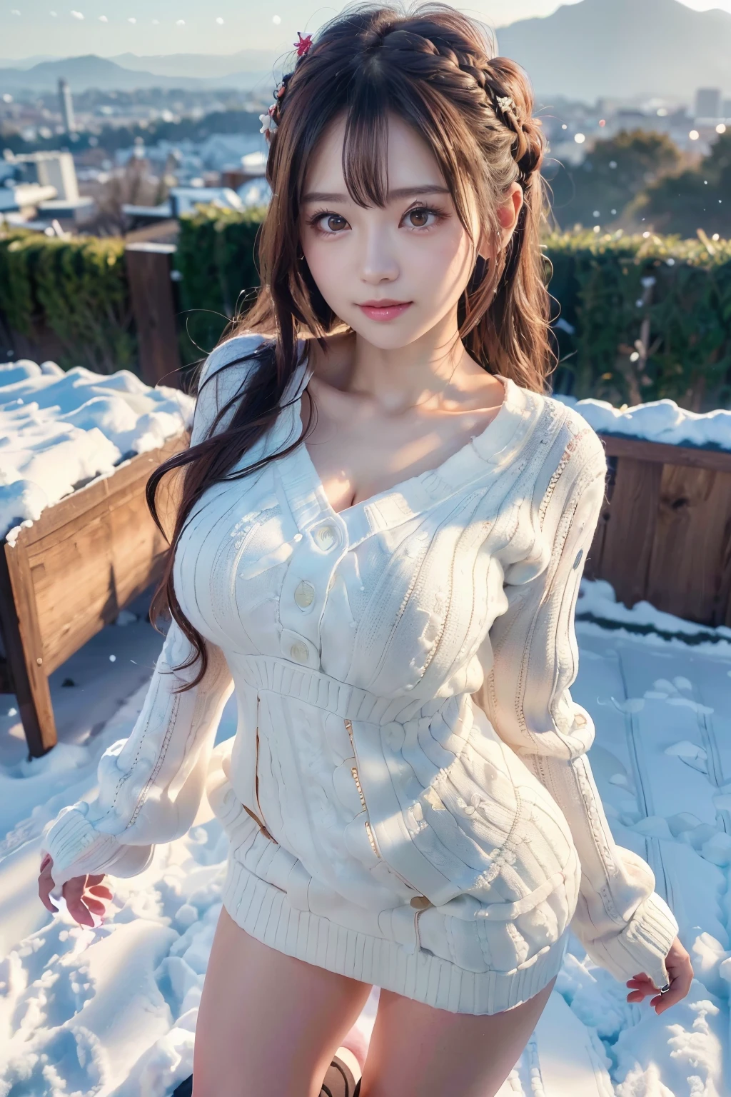 (Make your subject look three-dimensional with the contrast of light and shadow),(((With the sunset in the background))),(((standing on a snowy mountain in winter:1.3))),cute and beautiful adult woman,cute smile,with blushing cheeks,red lips,(((off-white knit jumper dress:1.3))),black stockings,Knee-high boots,(silvery hair,floral braided headband,half up、floral braided space bun,voluminous fishtail braid,Twisted pan,),(The bangs are see-through bangs),hairpin,hair ornaments,(((emphasize the chest:1.3))),Breast flick,Detailed clothing characteristics,Detailed characteristics of hair,detailed facial features,(dynamic angle),(dynamic and sexy pose),professional lighting,cinematic light,(highest quality,Ultra high resolution output image,) ,(8K quality,Depth of the bounds written,Anatomically accurate facial structure,),(sea art 2 mode:1.3),(Image mode Ultra HD,),(3D Realistic Photography:1.3)