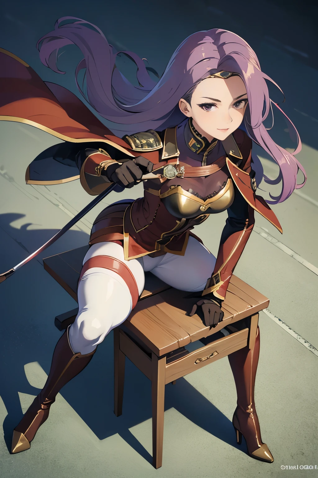 defsonya, purple hair, (((full body))), jodhpurs, riding pants, tight pants, (pants), beige pants riding coat, (((tailcoat))), red tailcoat, equestrian, equestrienne, ((riding crop)), (((brown leather thigh high boots))), (((brown leather thigh-high boots))), (((brown boots))), (((brown leather gloves))), ((opera gloves)), gloves, ((jockey)), heel being shown, using riding crop, ((stiletto heel)), pointy heel, ((sitting on saddle)), ((brown saddle)), ((riding saddle)), legs across saddle, sitting pretty,riding crop(5:1),sexy,anime(7:1),POV(3:1),1girl(5:1),busty,thin waist,high quality,best quality,racetrack,grassy field,race track,boot worship(3:1),horse race track,anime milf,mature anime woman,boot fetish(3:1),white pants,anime style,solo,anime face(3:1),looking at viewer,looking at camera,purple hair,femdom[2:1],fullbody(3:1),tan pants,pants,small nose,anime nose(3:1),no nose,full body view,beige pants,looking down at viewer(4:1),foreshortening,beige_pants,beige riding pants,white riding pants,looking down,pov eye contact,presenting boot,pointing sole of boot at camera,from below(3:1),viewed from below,anime style,anime(5:1),whip,fully clothed,wearing pants,cream pants,tights,leggings,white tights,cream tights