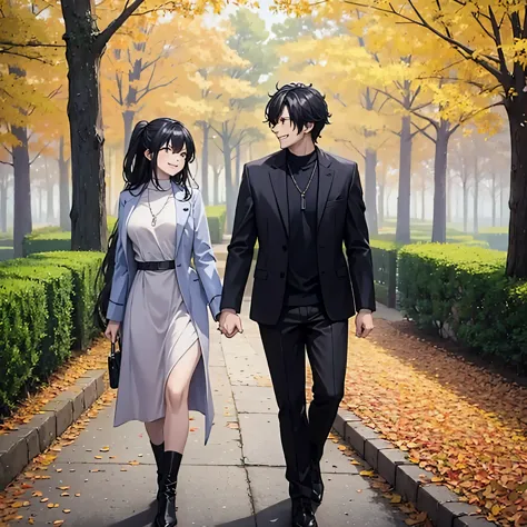 a man holding his wife's hand, in a park set in autumn, smiling
